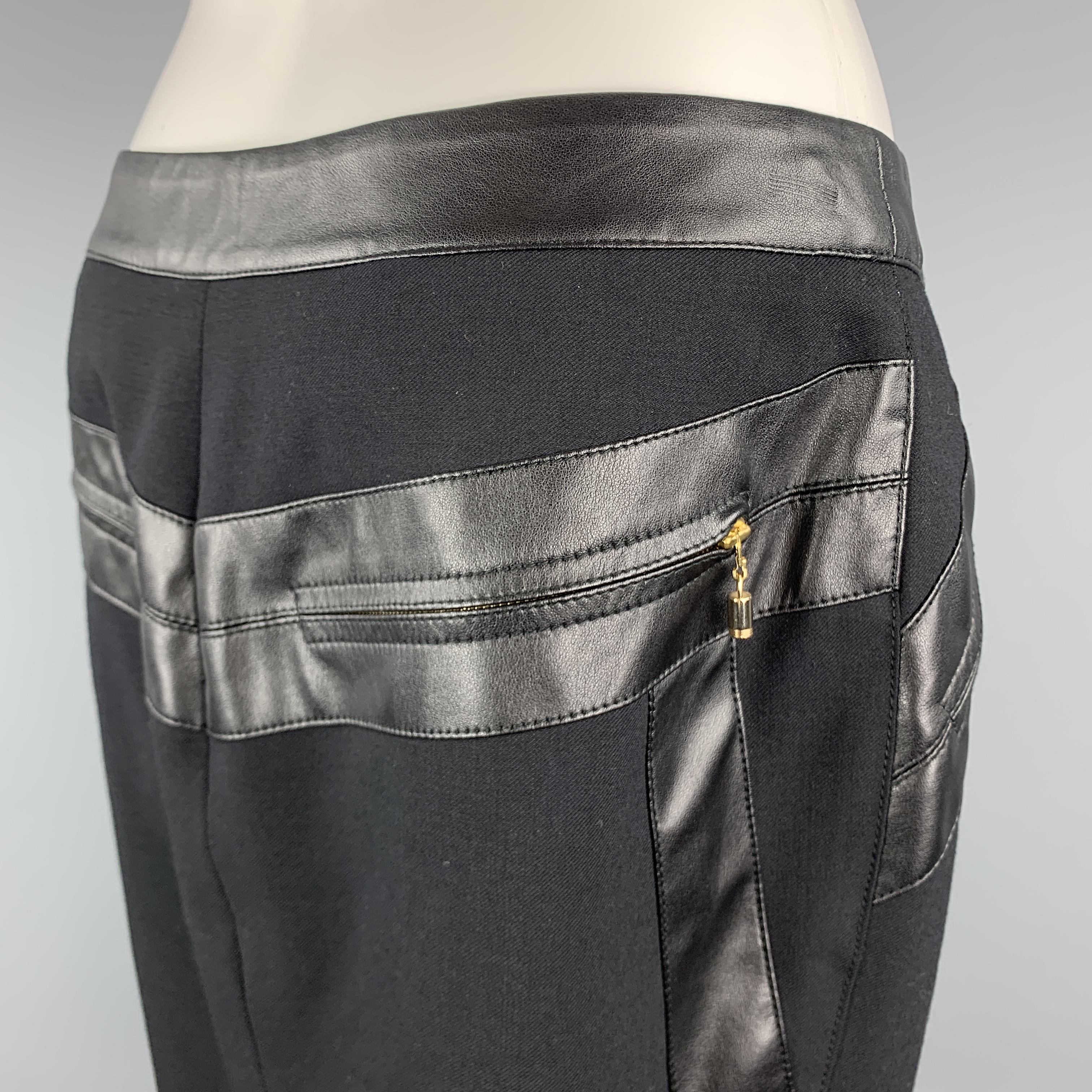 GIANNI VERSACE Size 6 Black Wool Blend Leather Trim Zip Up Pencil Skirt In Excellent Condition In San Francisco, CA