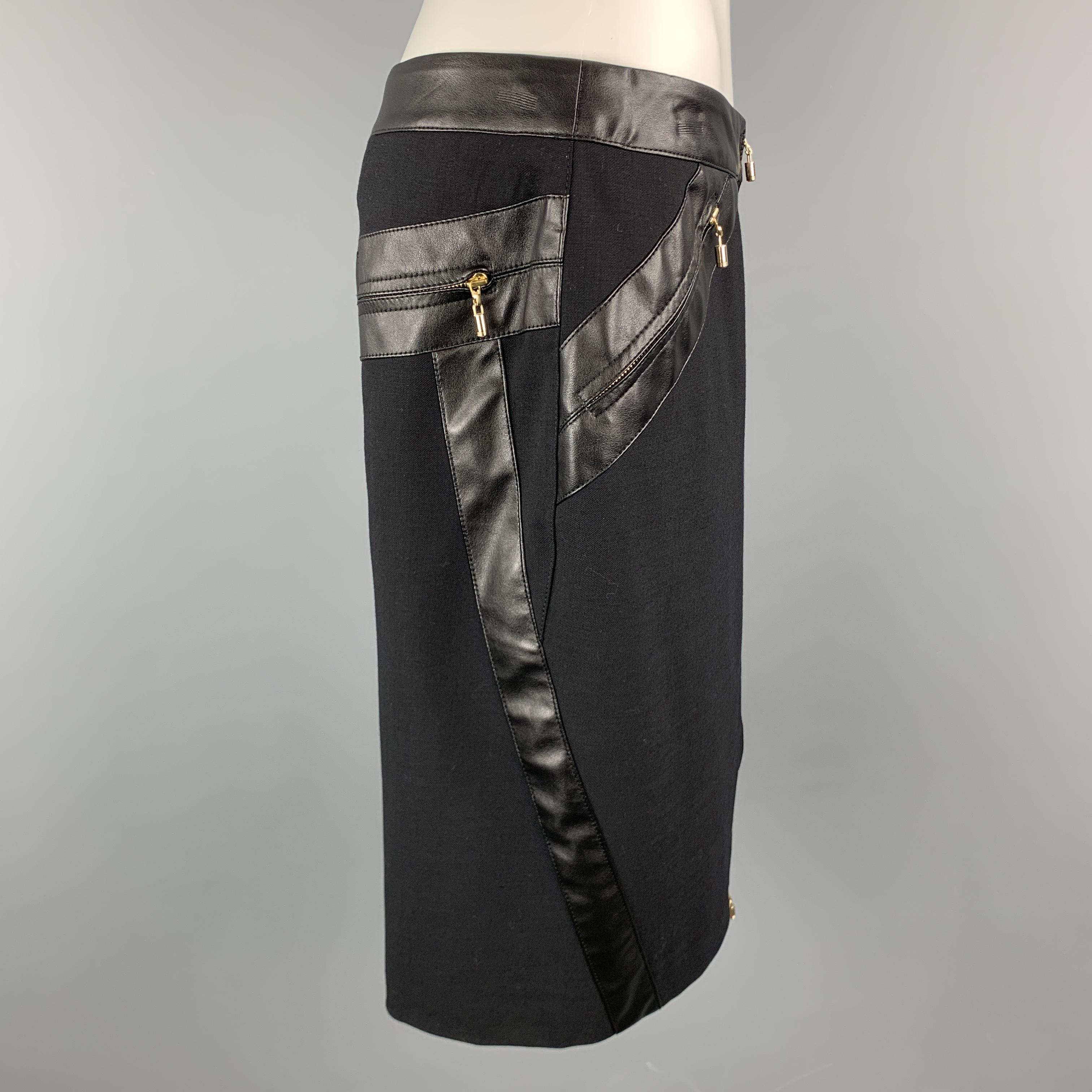 Women's GIANNI VERSACE Size 6 Black Wool Blend Leather Trim Zip Up Pencil Skirt