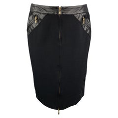 GIANNI VERSACE Size 6 Black Wool Blend Leather Trim Zip Up Pencil Skirt