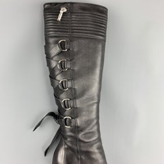 GIANNI VERSACE Size 8 Black Corset Back Pointed Knee High Boots
