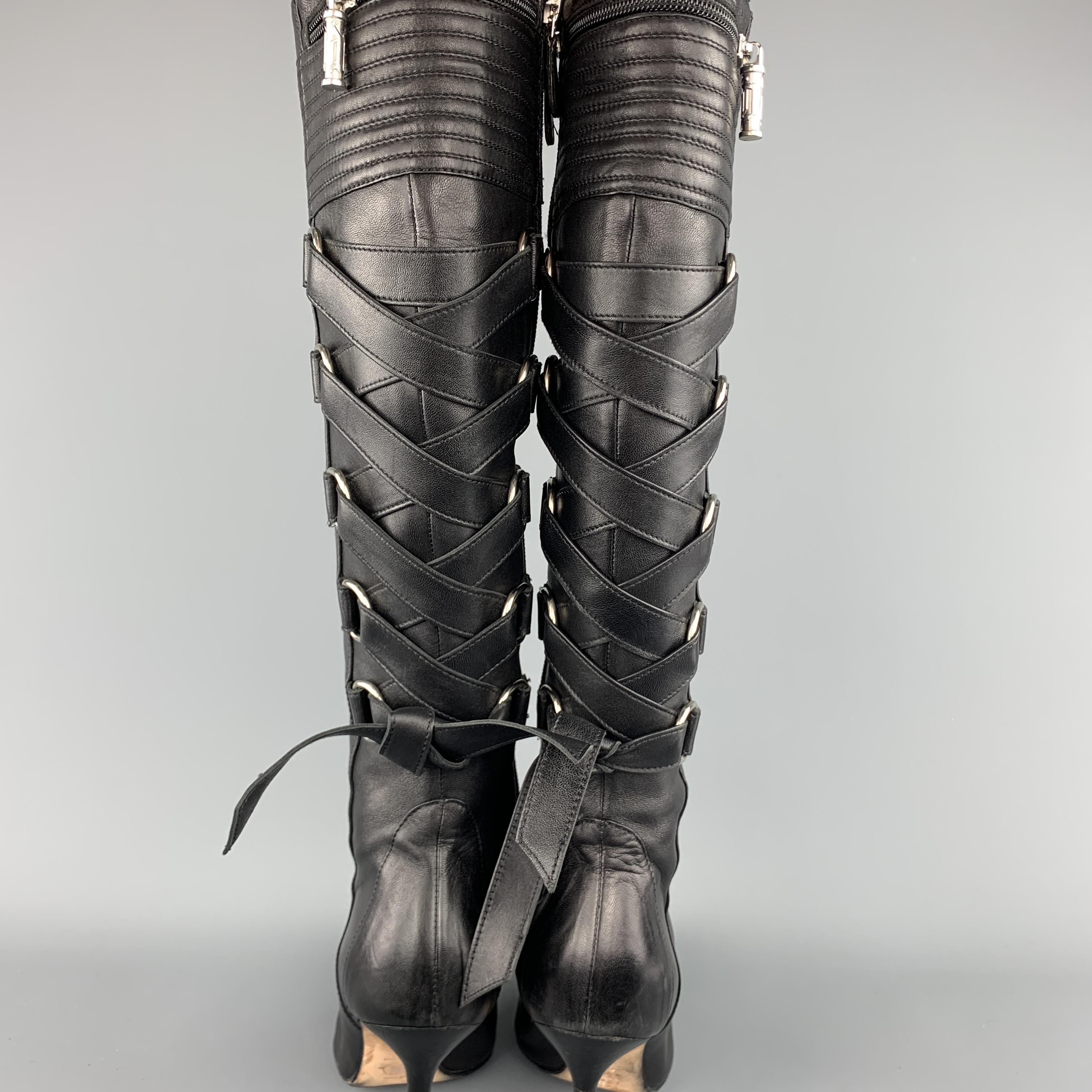 Women's GIANNI VERSACE Size 8 Black Corset Back Pointed Knee High Boots