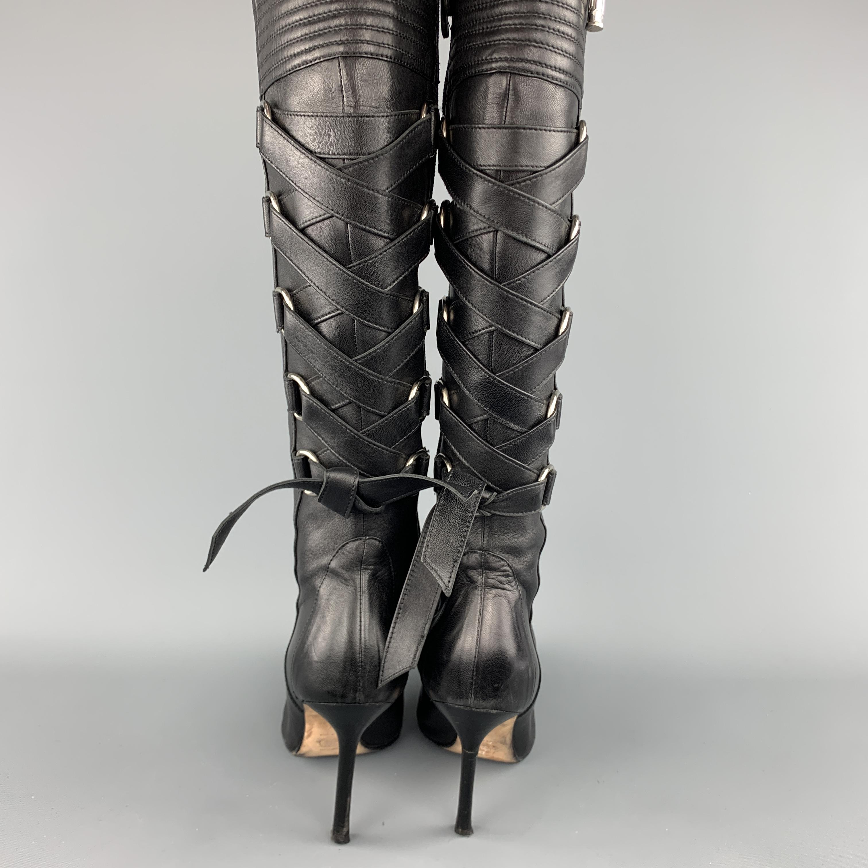 GIANNI VERSACE Size 8 Black Corset Back Pointed Knee High Boots 1