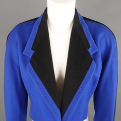 GIANNI VERSACE Size 8 Blue & Black Wool Cropped Blazer Jacket