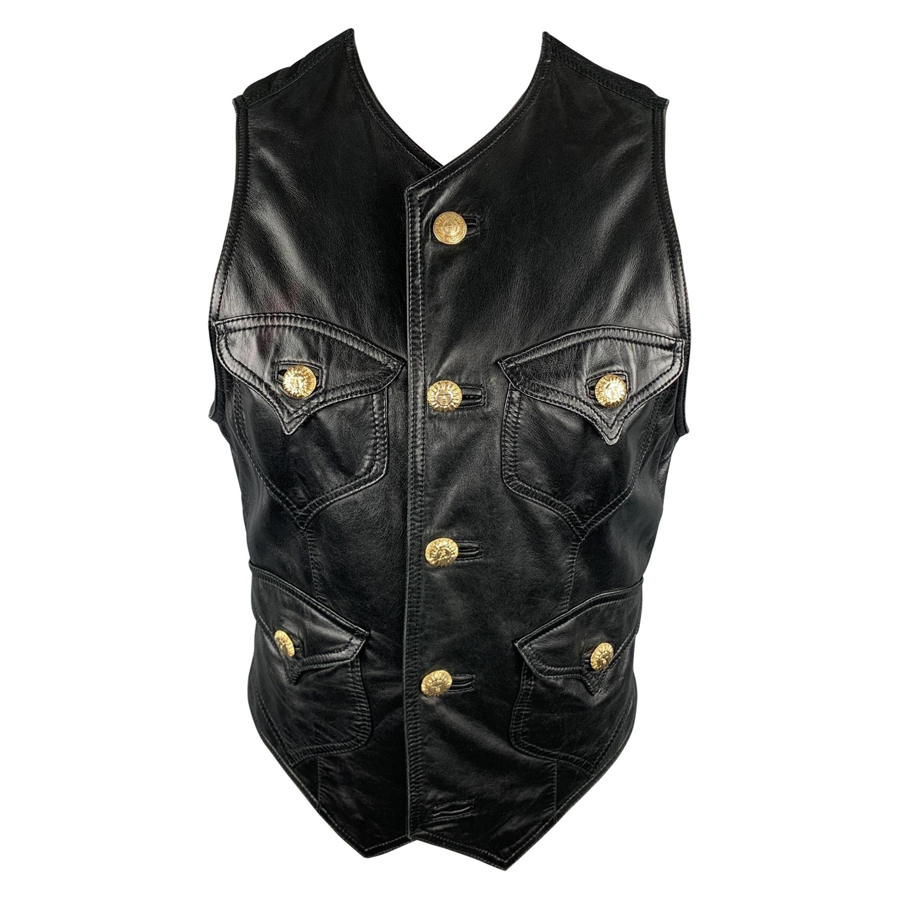 GIANNI VERSACE Size L Black Leather Vest