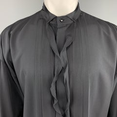 GIANNI VERSACE Size S Black Silk Band Collar Ruffle Placket Tuxedo Shirt