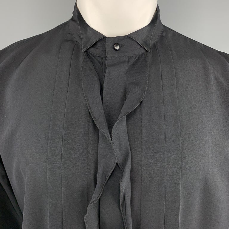 GIANNI VERSACE Size S Black Silk Band Collar Ruffle Placket Tuxedo