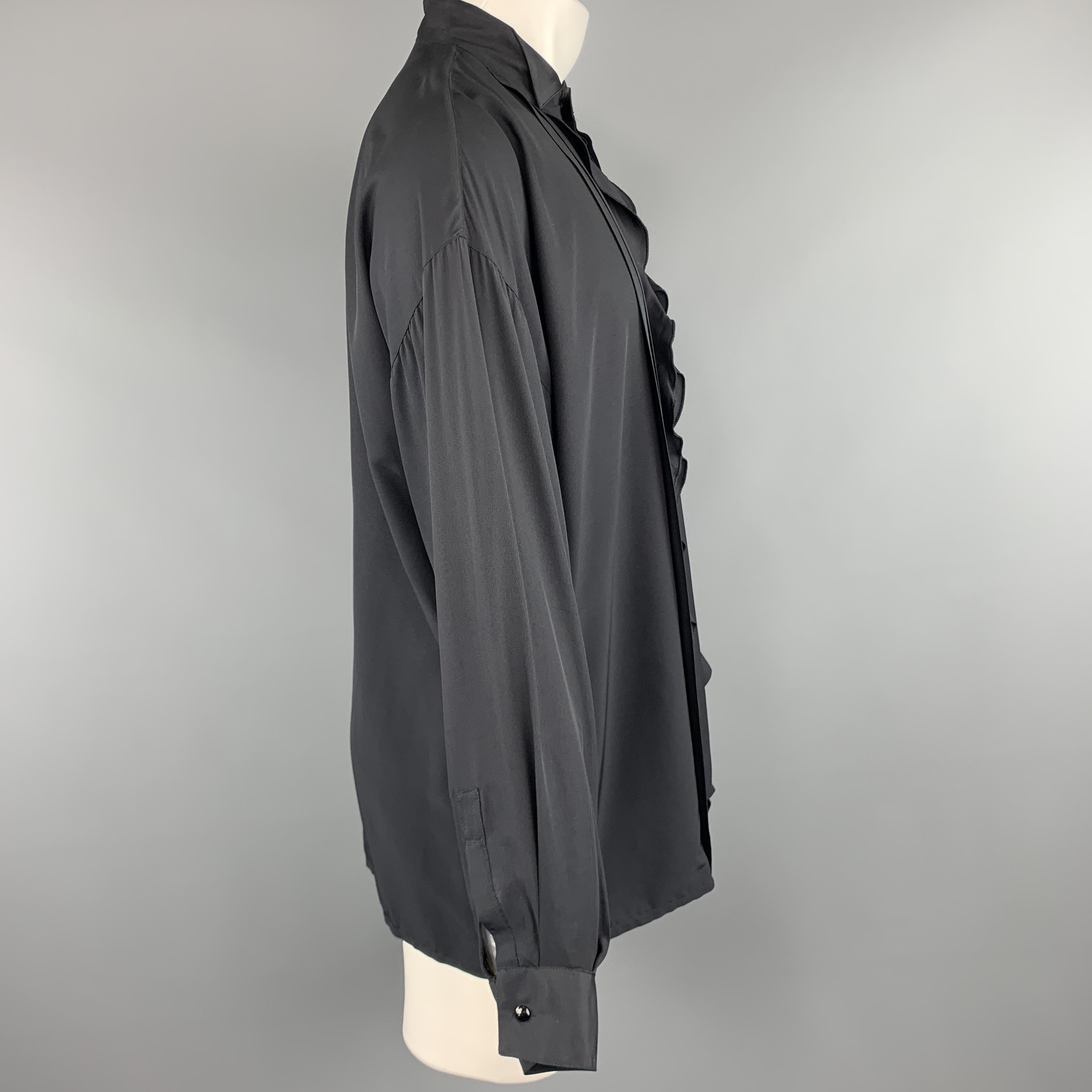 GIANNI VERSACE Size S Black Silk Band Collar Ruffle Placket Tuxedo Shirt In Good Condition In San Francisco, CA