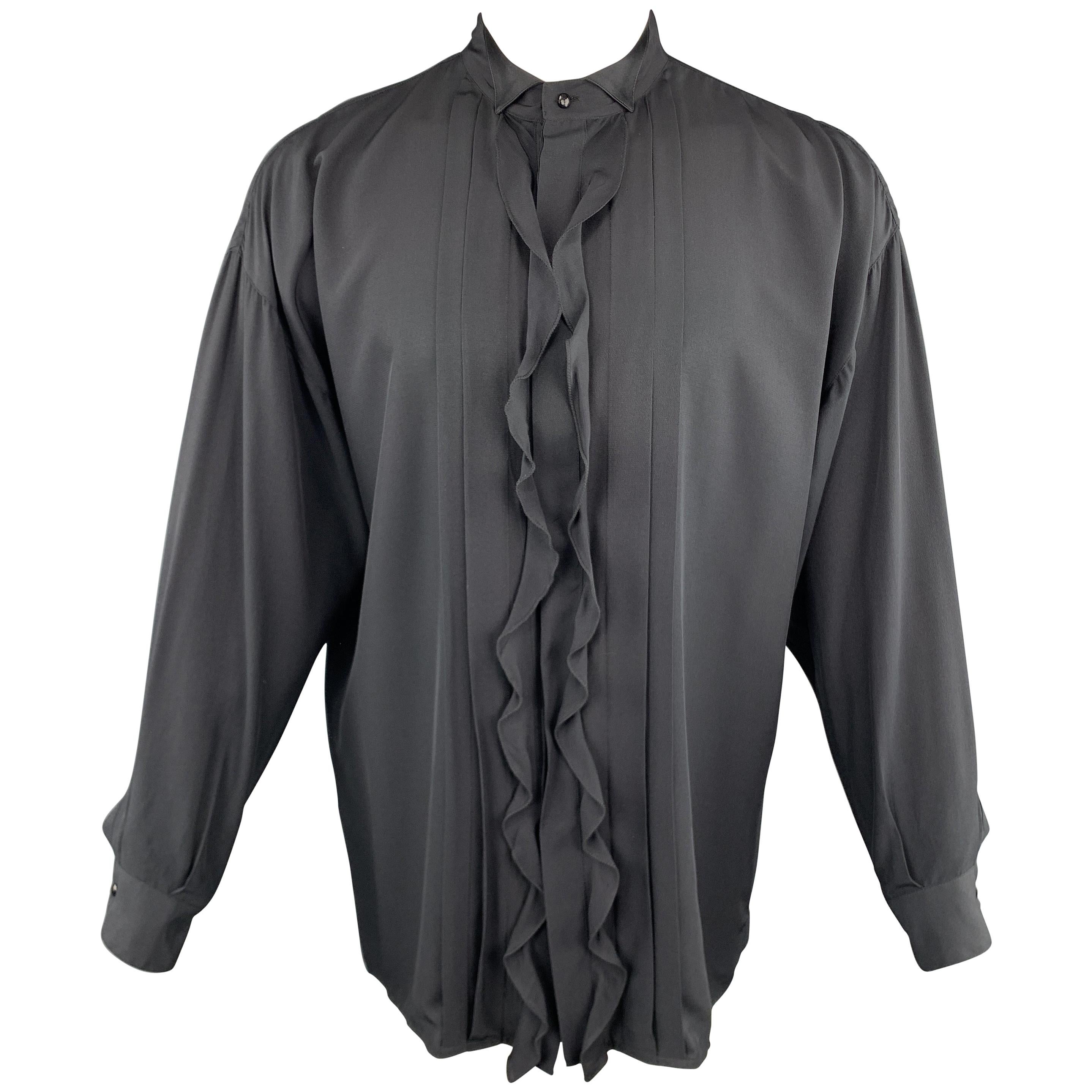 GIANNI VERSACE Size S Black Silk Band Collar Ruffle Placket Tuxedo Shirt