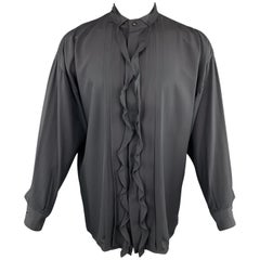 Vintage GIANNI VERSACE Size S Black Silk Band Collar Ruffle Placket Tuxedo Shirt