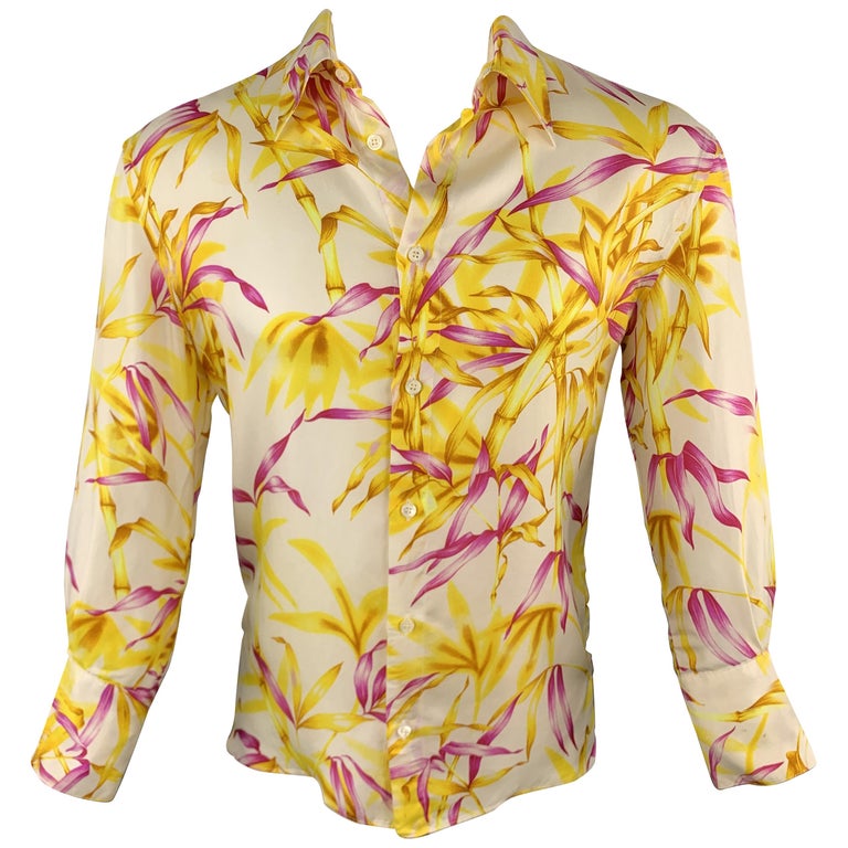 GIANNI VERSACE Size S Pink and Yellow Bamboo Print Silk Button Up Long