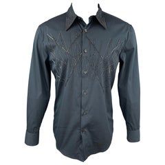 GIANNI VERSACE Size XS Navy Beaded Cotton Blend Button Up Long Sleeve Shirt