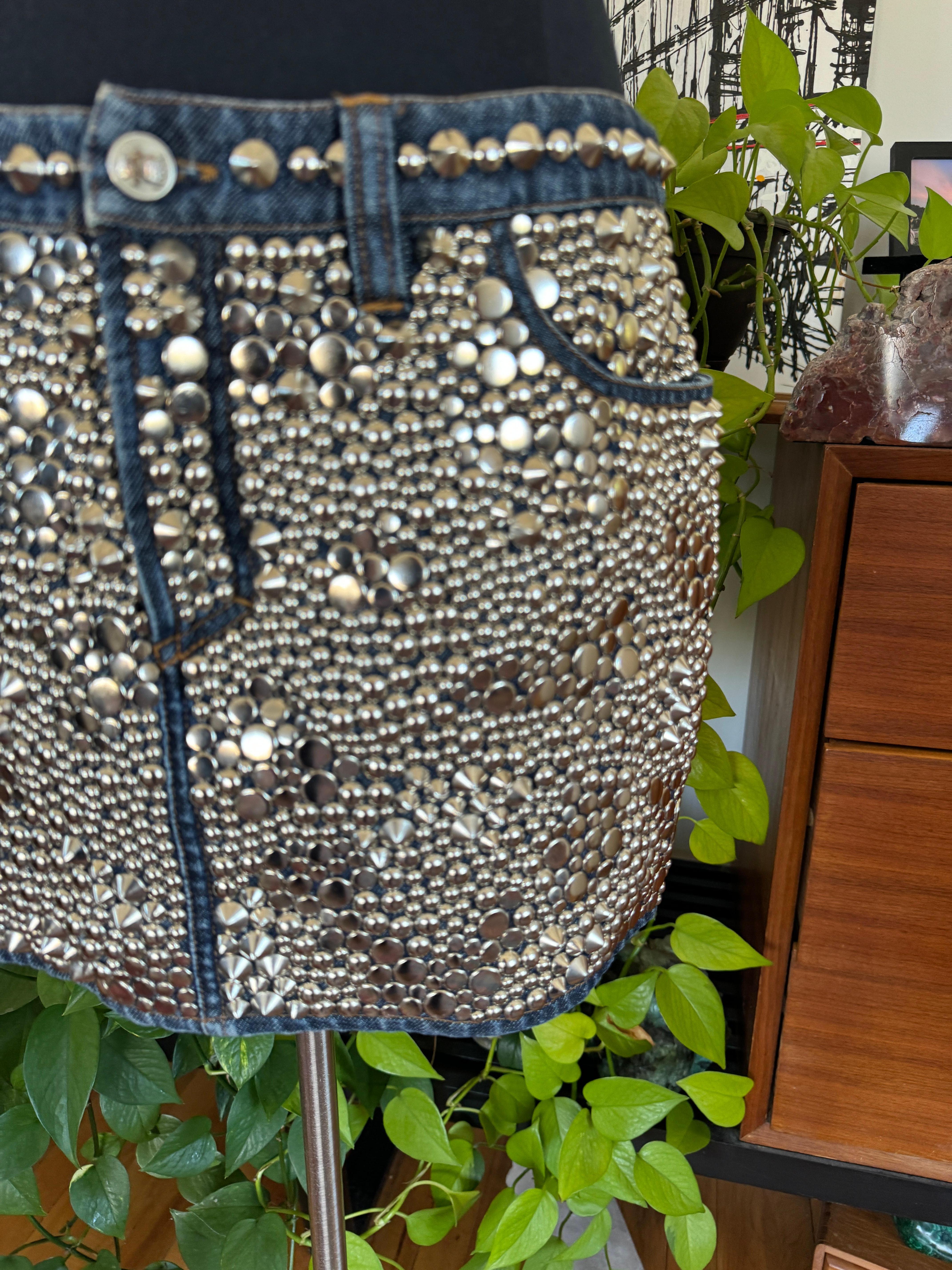 Women's Gianni Versace Skirt Studded Denim Mini 1990s