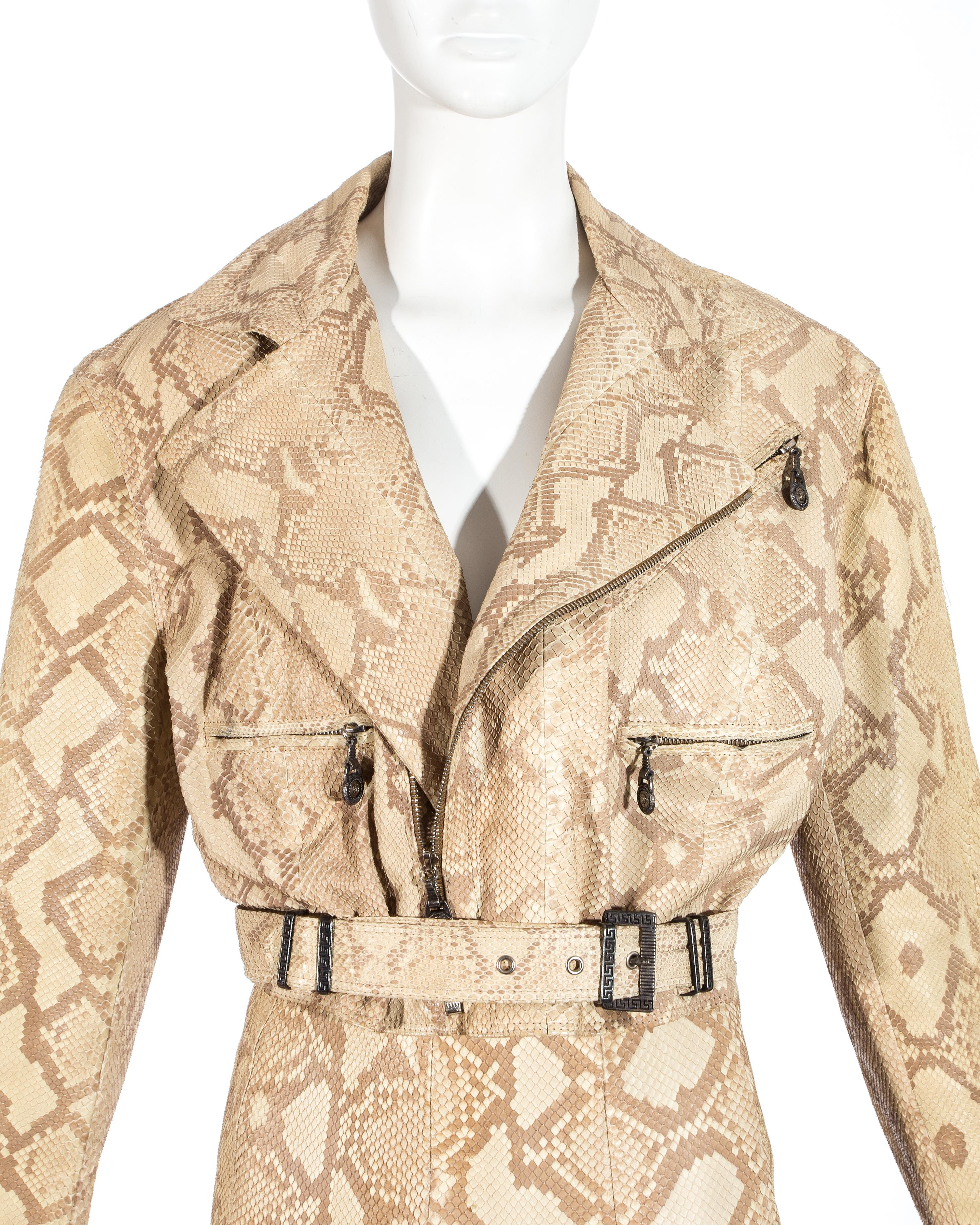Beige Gianni Versace Snakeskin leather biker jacket and mini skirt set, fw 1994 For Sale