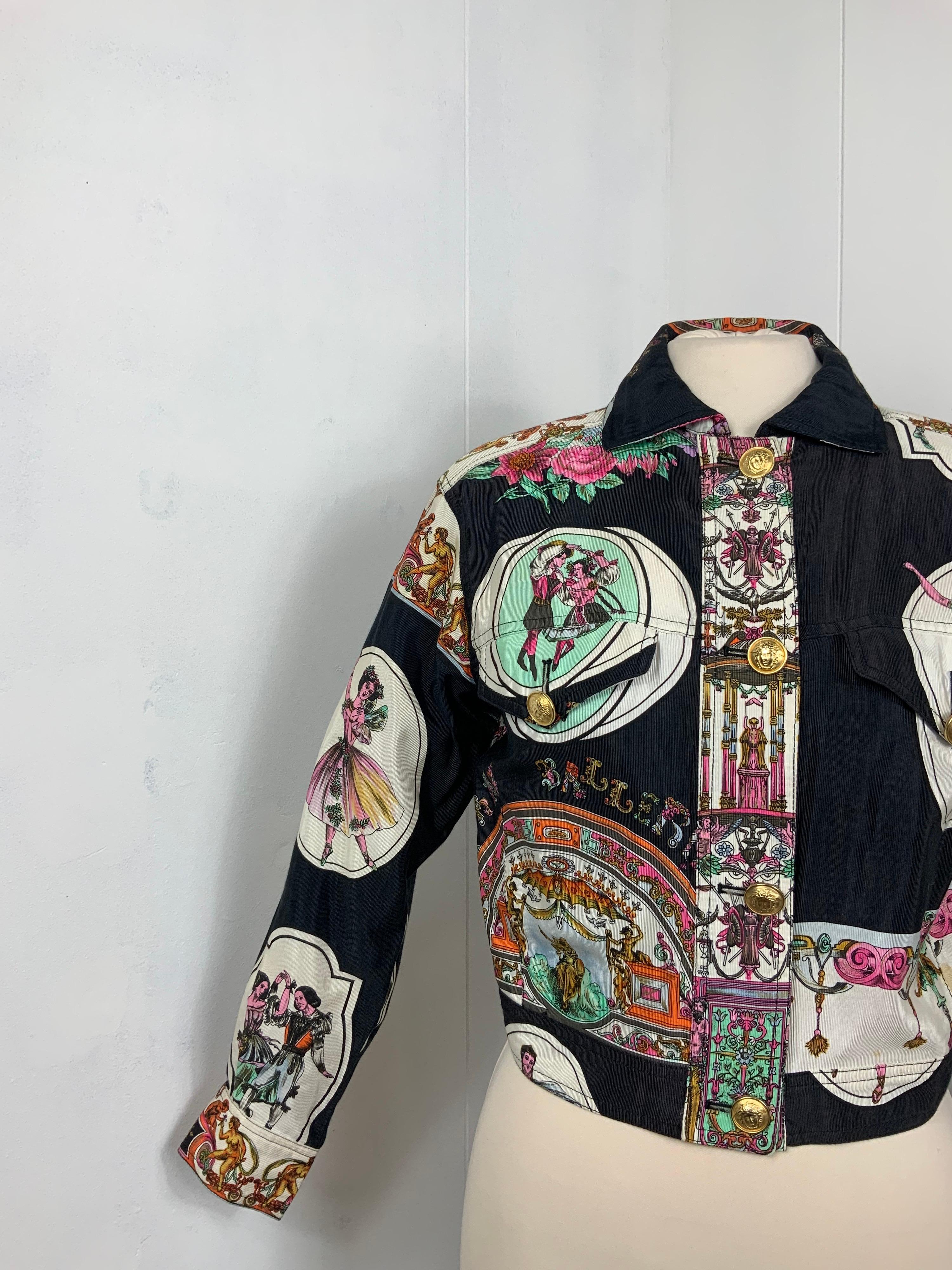 Gianni Versace Jacket.
From iconic Spring 92 collection. 
Ballet theme.
Featuring padded shoulder & golden buttons.
Size & compositions tag are missing. 
It fits an Italian 40.
Measurements: 
Shoulders 42 cm
Bust 42 cm 
Length 50 cm
Sleeves 55