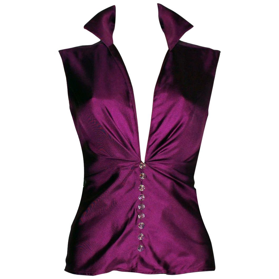 Gianni Versace SS 2000 Jungle Purple Hot Silk Blouse Top with Swarovski Buttons For Sale