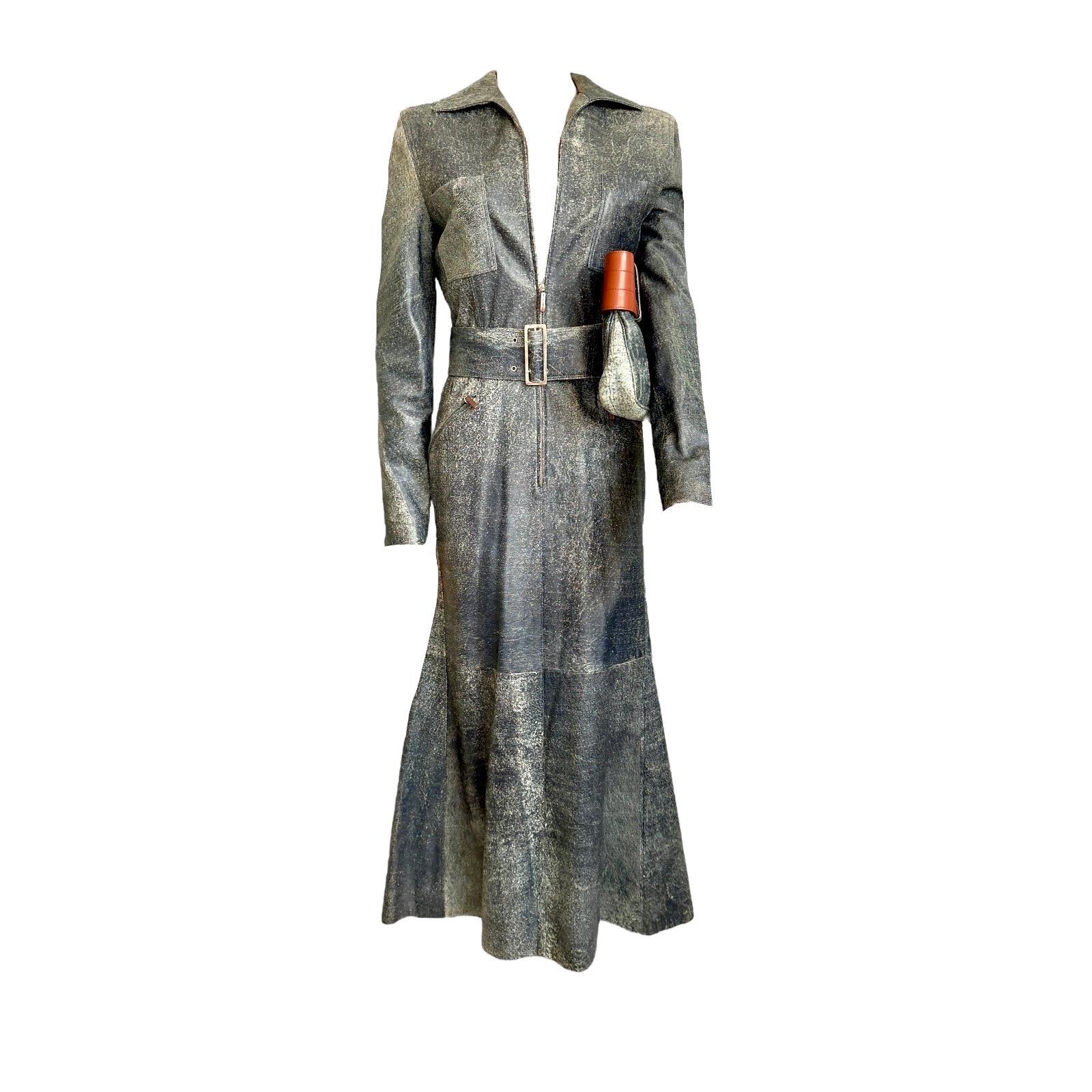 GIANNI VERSACE Stella's FW 2001 Demin Style Distressed Leather Gown Dress 42 In Good Condition For Sale In Switzerland, CH