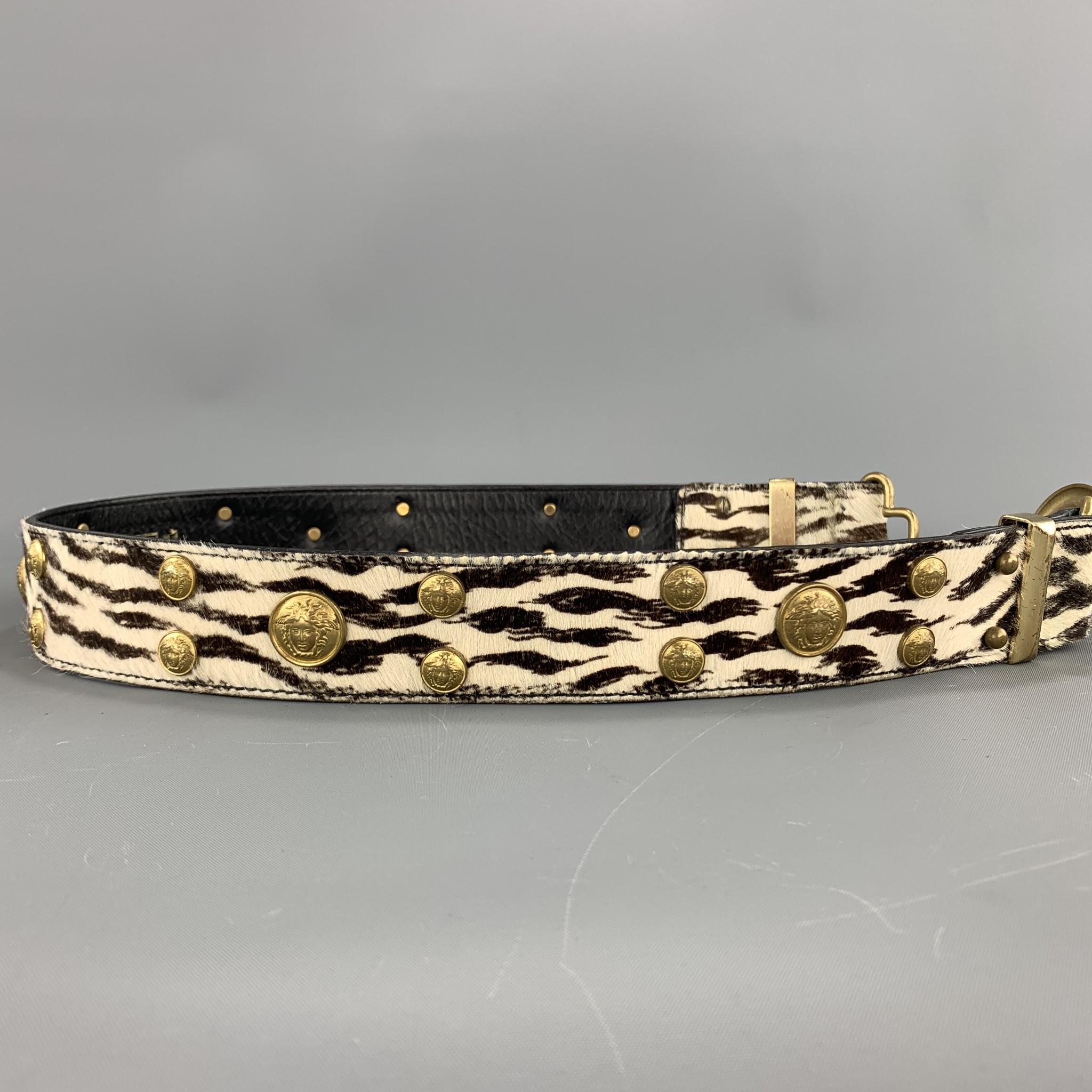 Black GIANNI VERSACE Studded Size 32 Beige & Brown Leather Pony Hair Belt