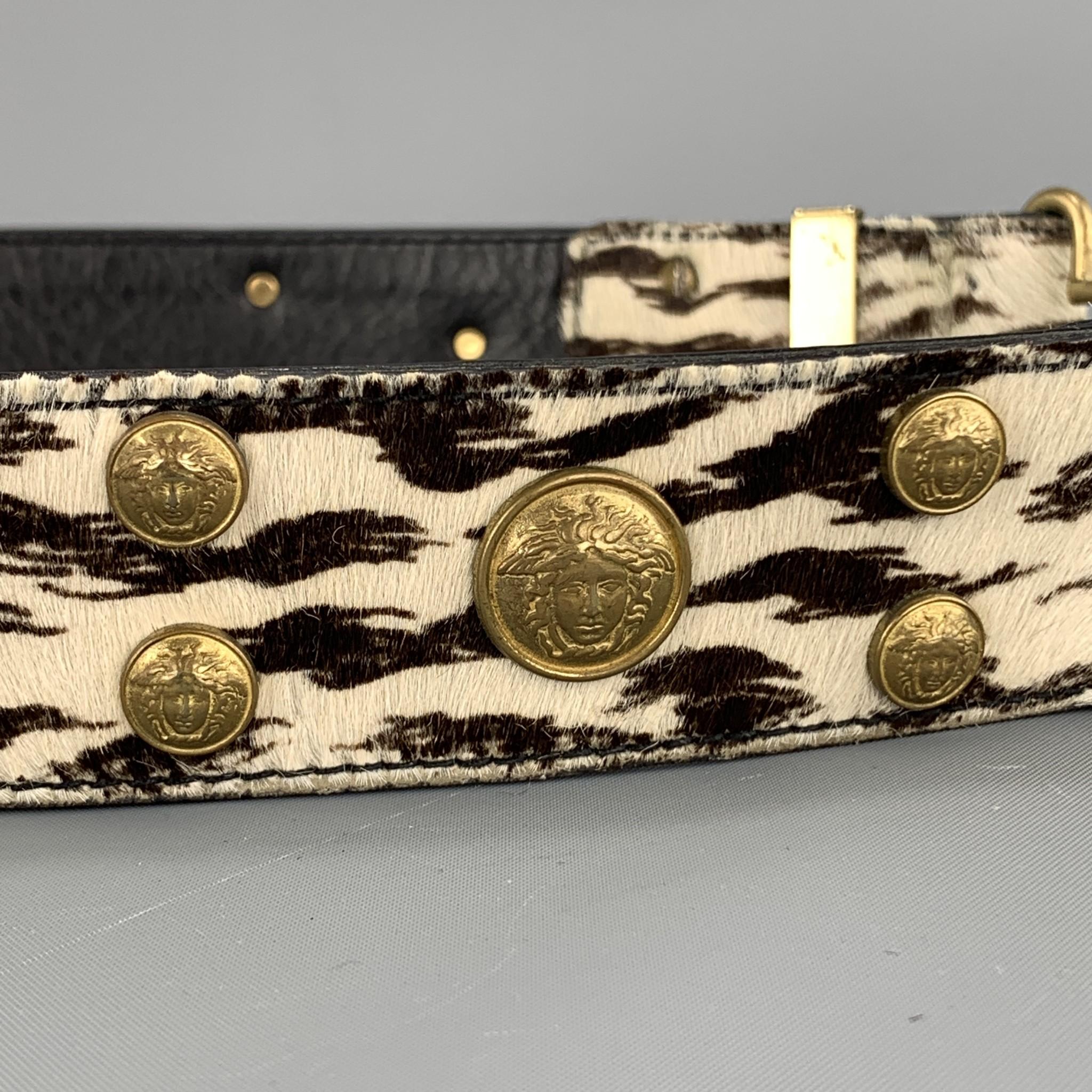 GIANNI VERSACE Studded Size 32 Beige & Brown Leather Pony Hair Belt In Good Condition In San Francisco, CA