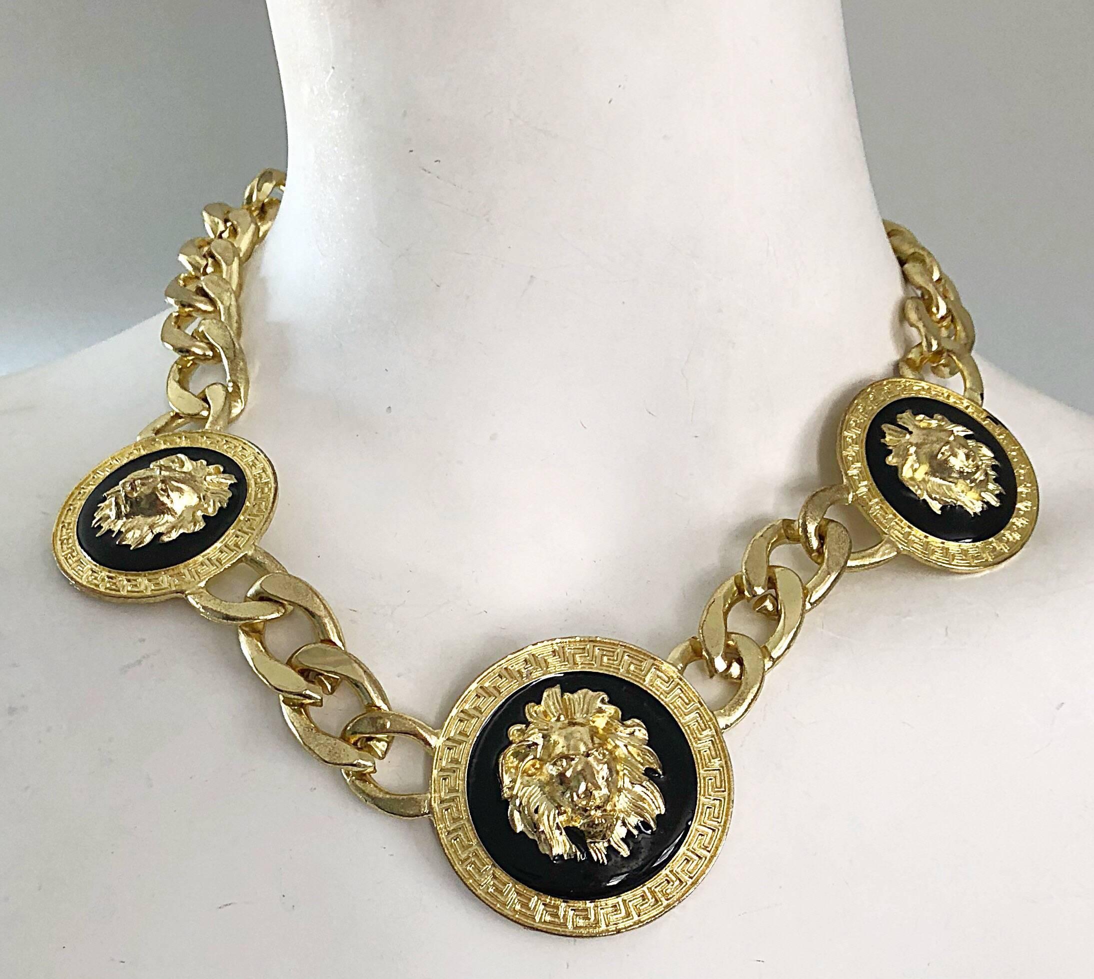 Women's or Men's Gianni Versace Style 1990s Gold + Black Medusa Lion Head Vintage Choker Necklace