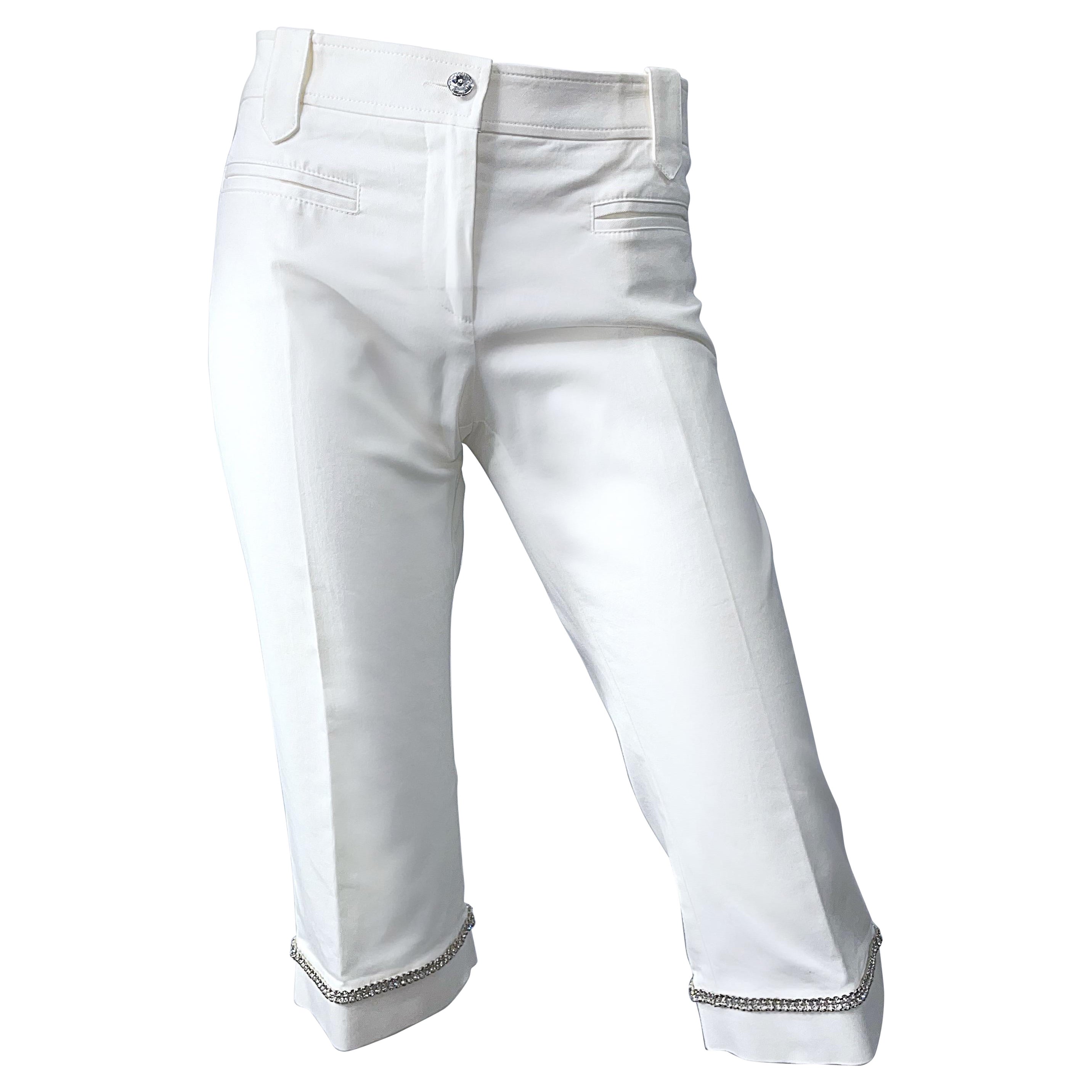 Gianni Versace Sz 44 / 8 Primavera Estate 2005 Pantaloni Capri Bermuda Bianchi con Strass
