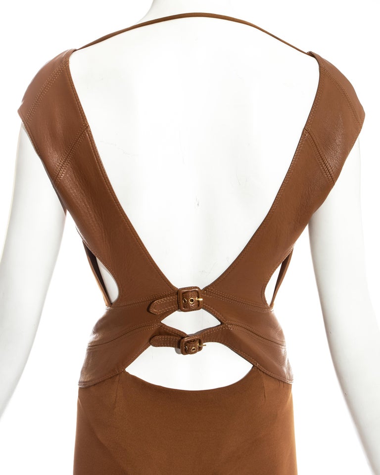 Gianni Versace tan jersey evening dress with leather harness, fw 2001 ...
