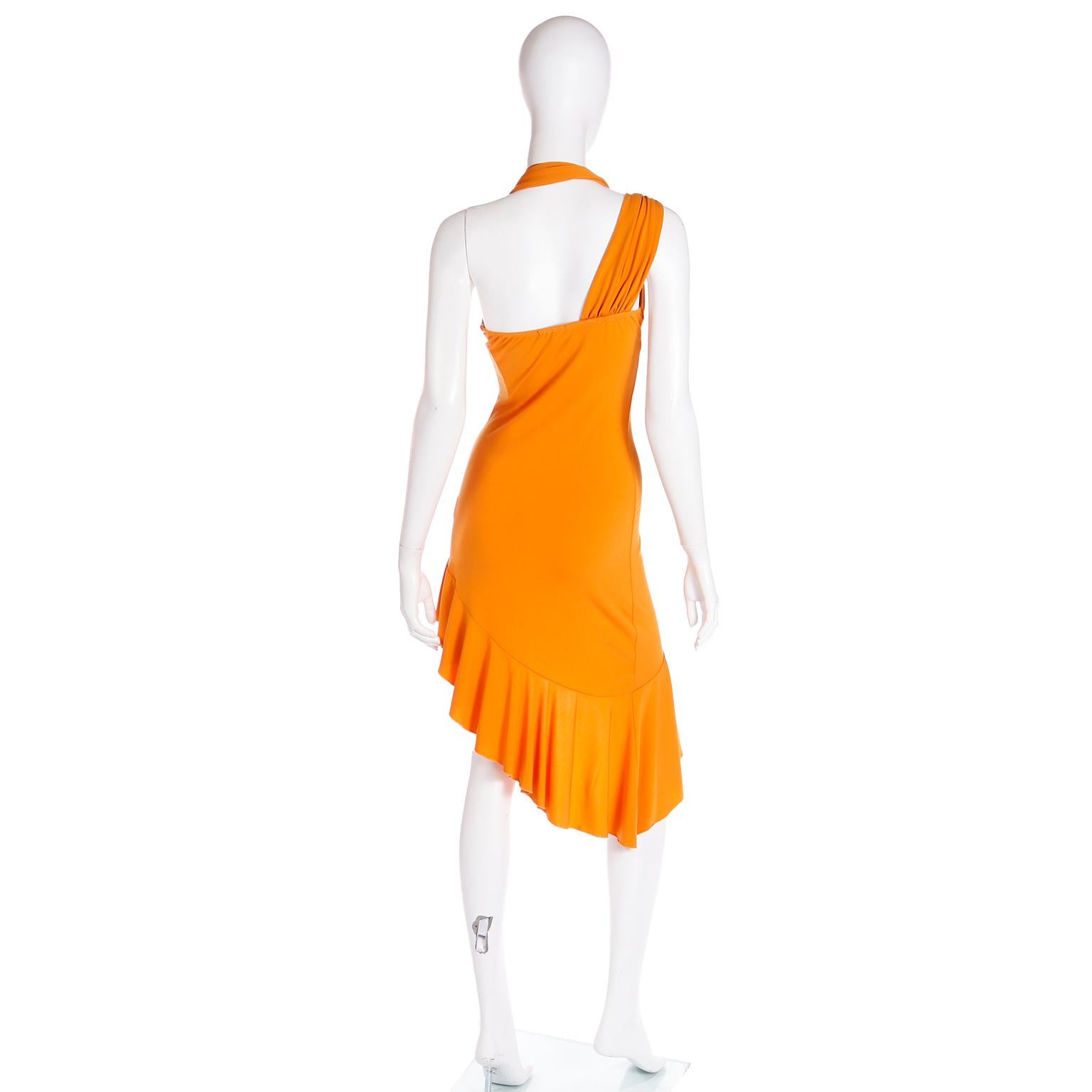 Gianni Versace Tangerine Orange Vintage Stretch Knit Asymmetrical Dress In Excellent Condition For Sale In Portland, OR