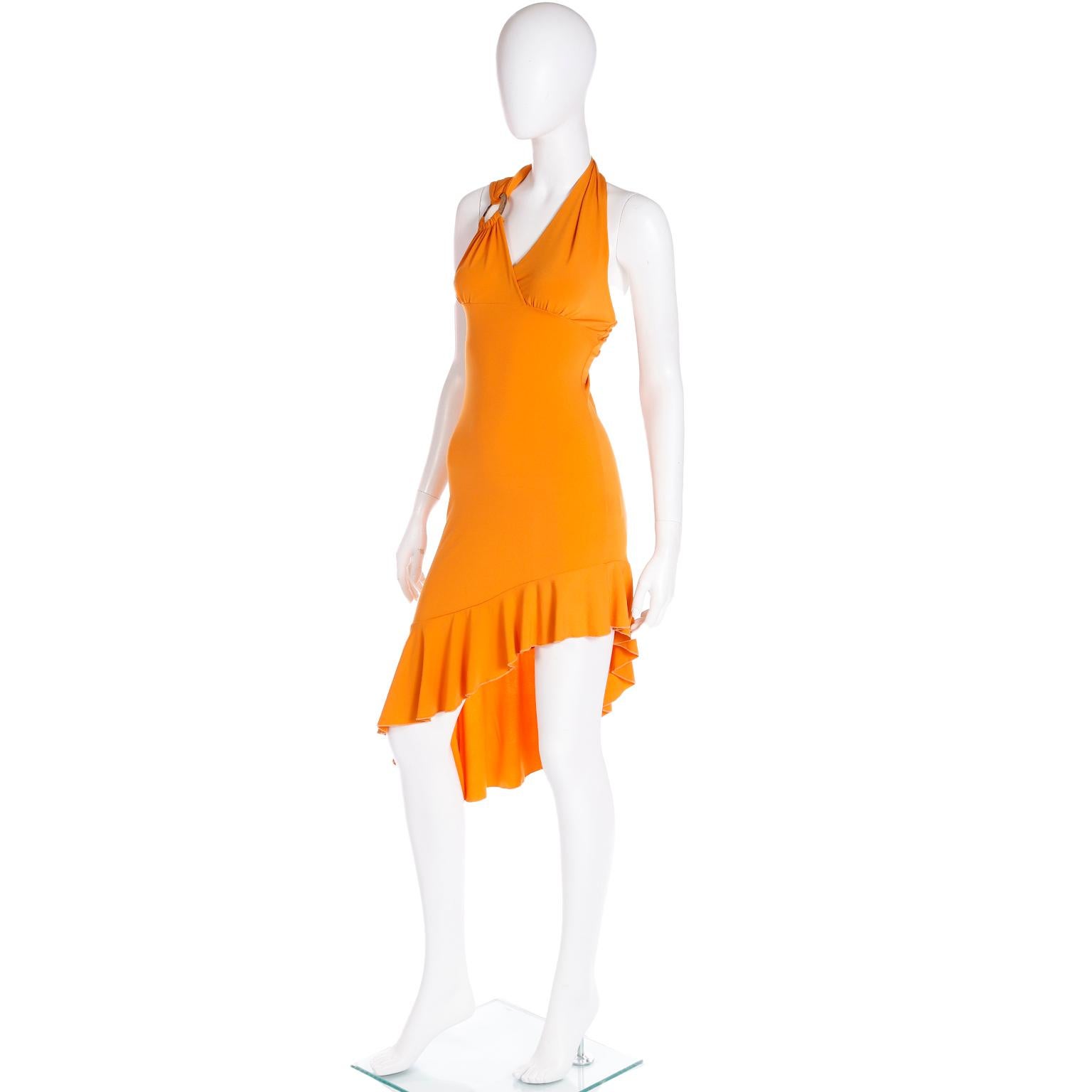 Gianni Versace Tangerine Orange Vintage Stretch Knit Asymmetrical Dress For Sale 1