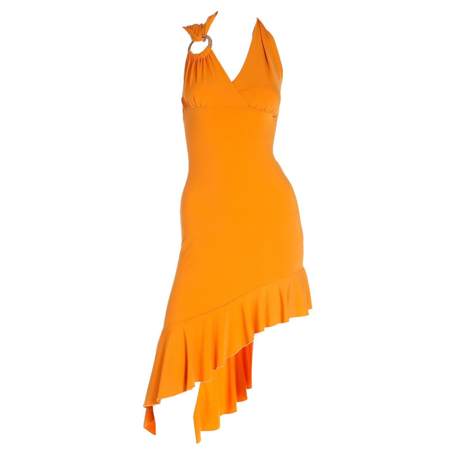 Gianni Versace Tangerine Orange Vintage Stretch Knit Asymmetrical Dress For Sale