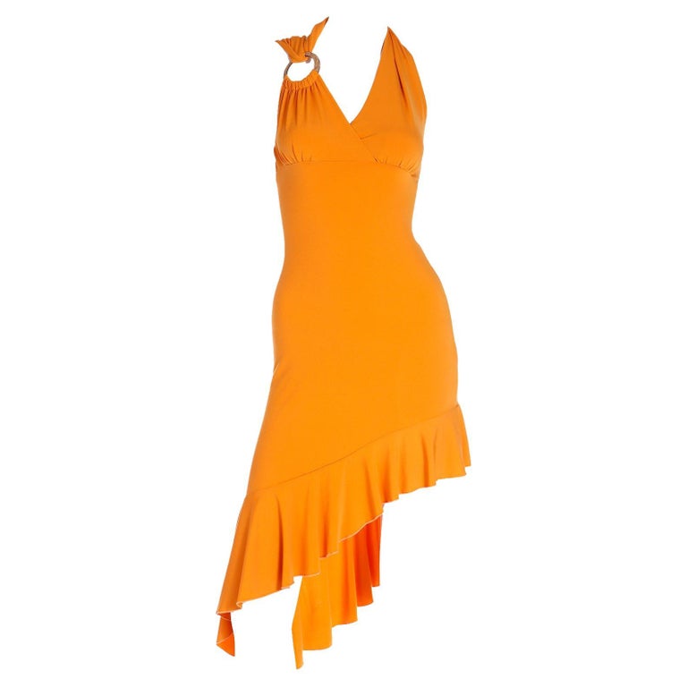 Gianni Versace Tangerine Orange Vintage Stretch Knit Asymmetrical Dress For Sale at 1stDibs