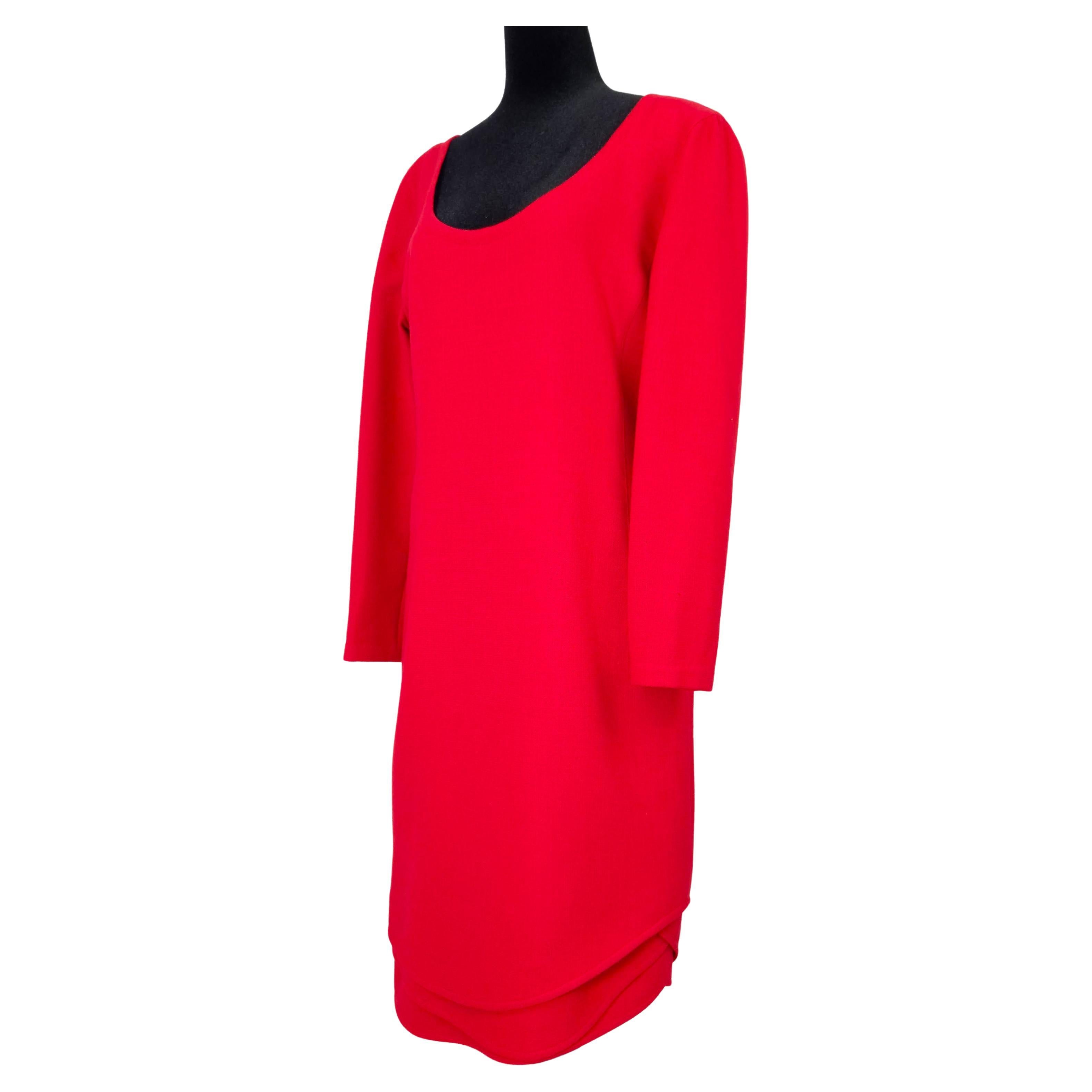 Gianni Versace red wool sheath dress with vintage 1980s long sleeves