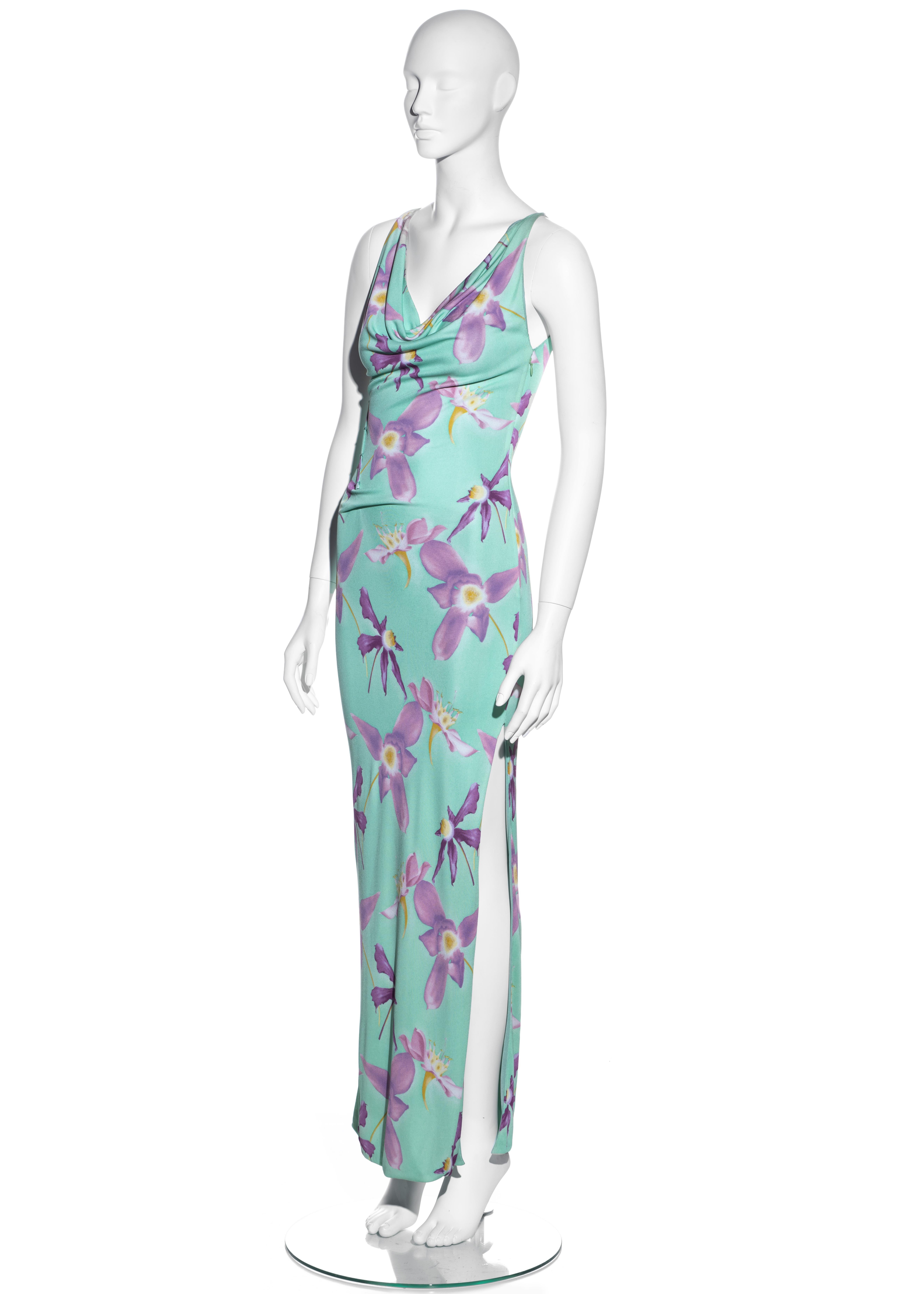 Gianni Versace turquoise orchid print rayon jersey maxi dress, ss 1999 In Good Condition For Sale In London, GB