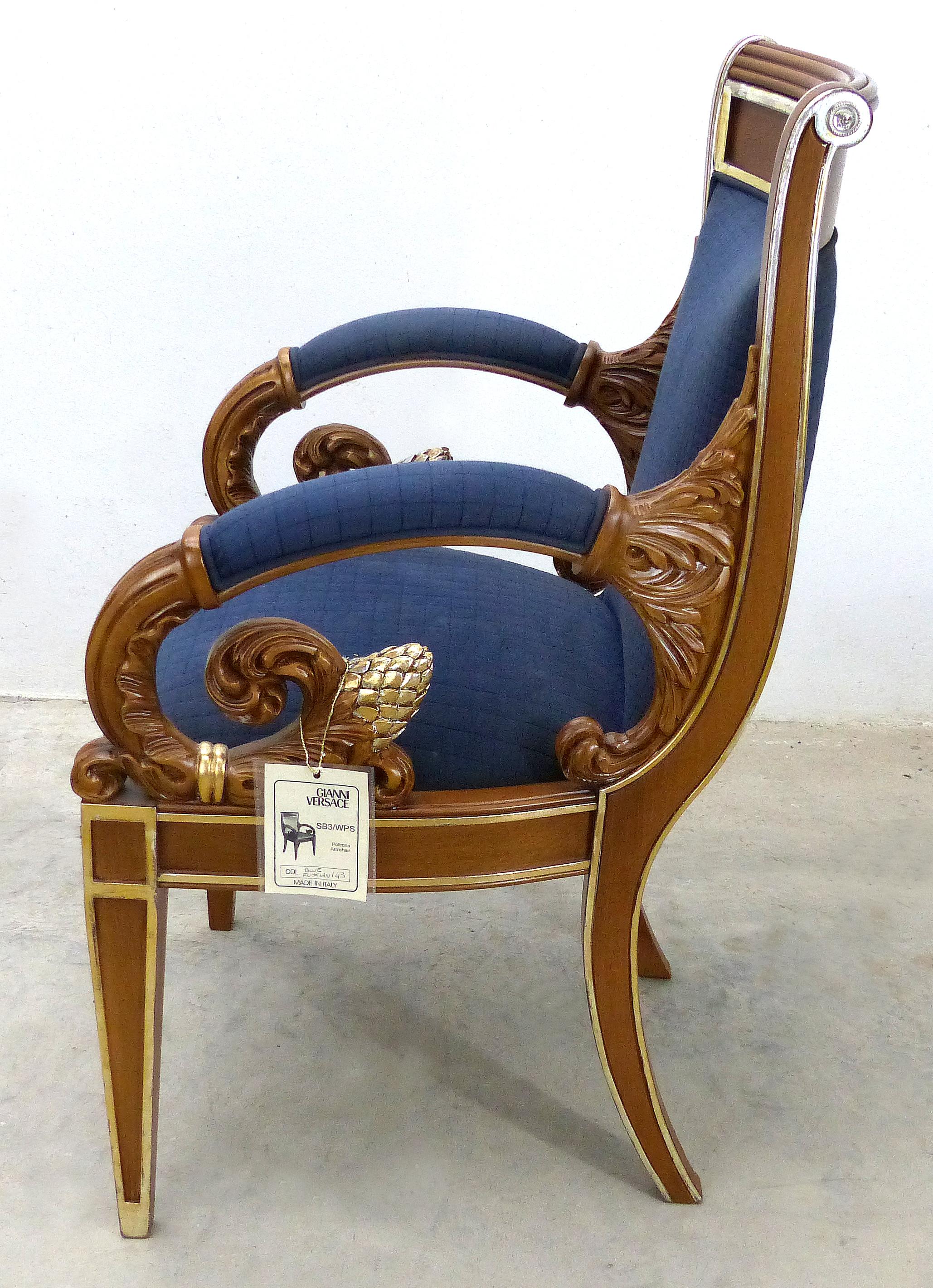 Baroque Revival Gianni Versace Vanitas Carved Armchair with a Scrolling Arm and Gilt Details