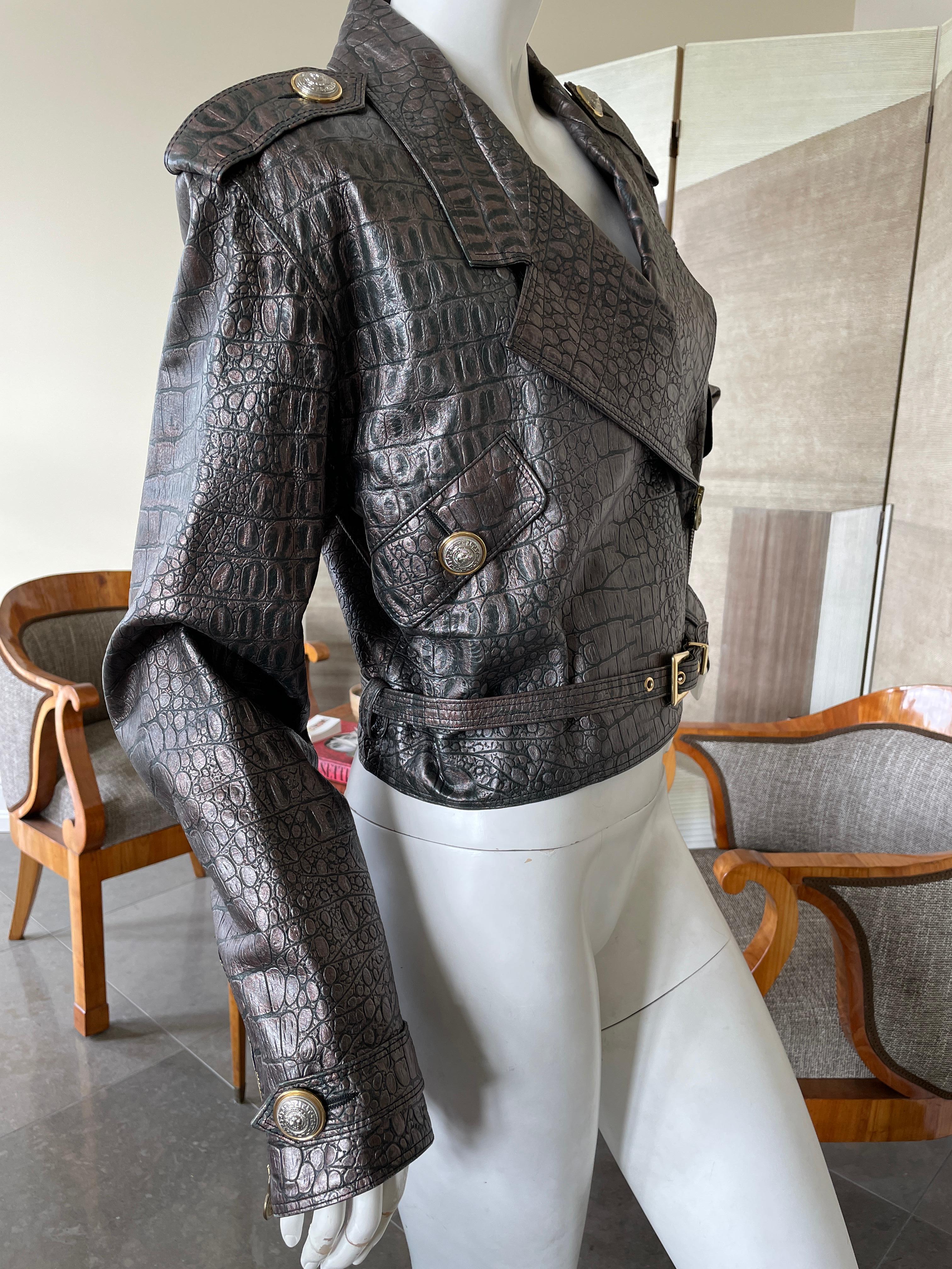 Women's or Men's Gianni Versace Versus 1990 Gunmetal Gray Alligator Embossed Leather Moto Jacket  For Sale