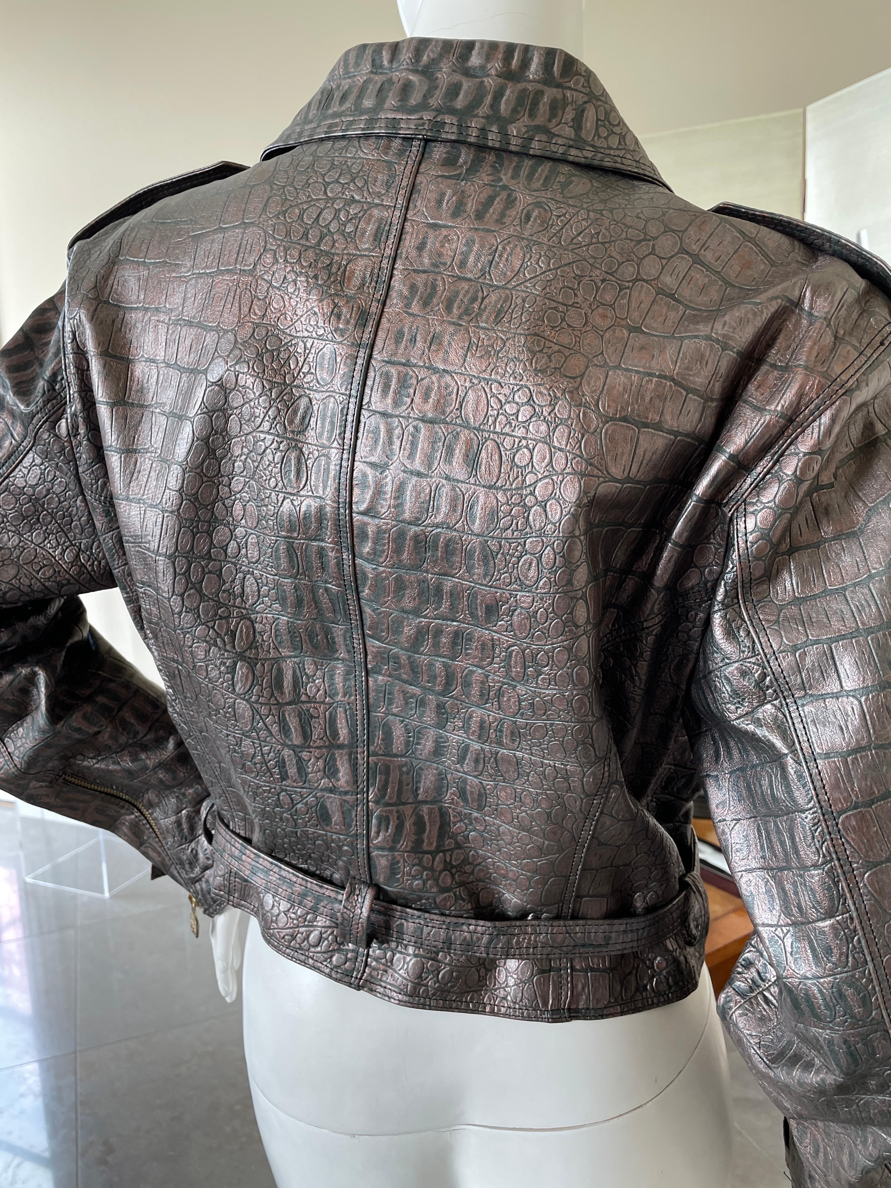 Gianni Versace Versus 1990 Gunmetal Gray Alligator Embossed Leather Moto Jacket  For Sale 1