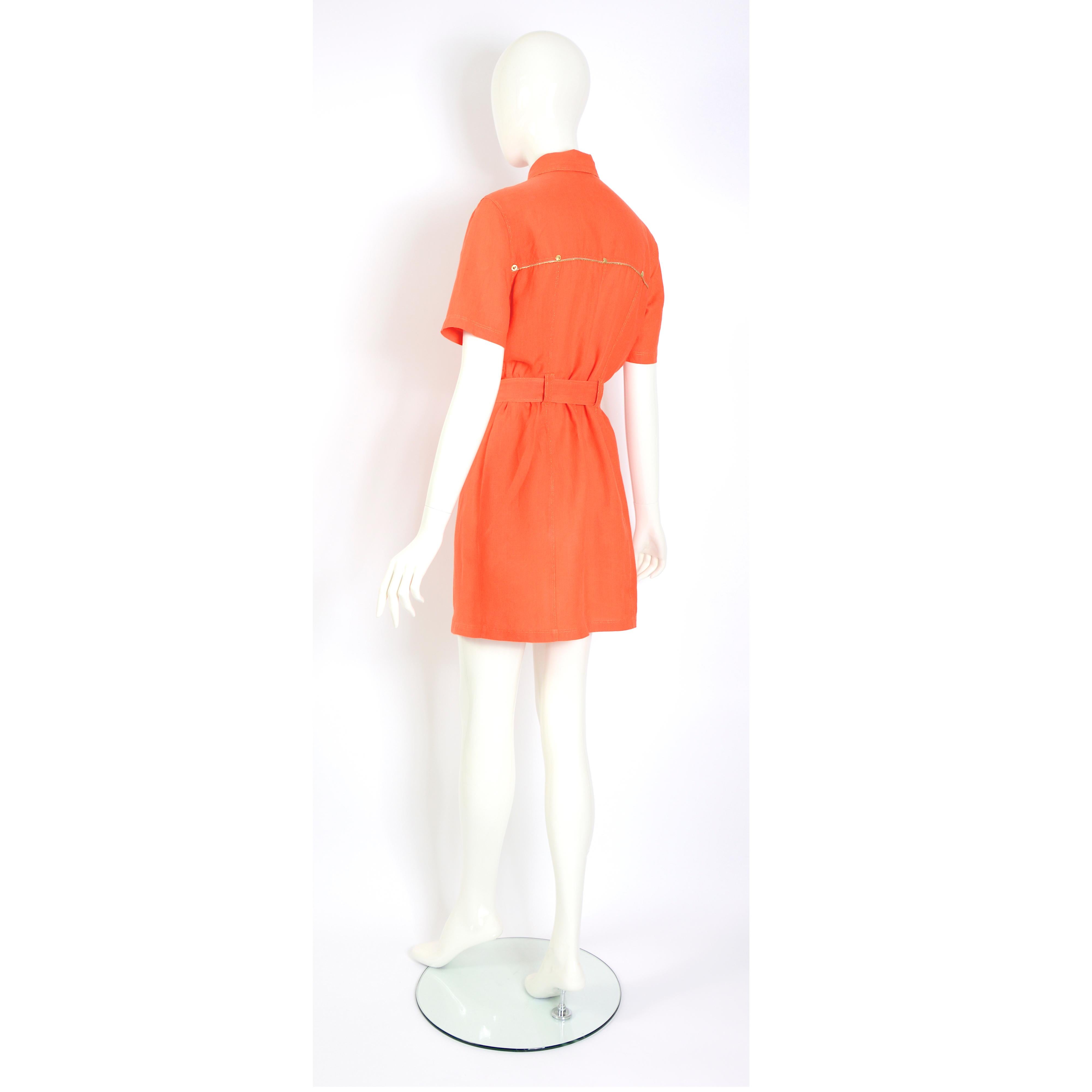 Gianni Versace „ 1990er Jahre“ Vintage Minikleid aus orangefarbener Baumwolle mit passendem Gürtel im Angebot 1