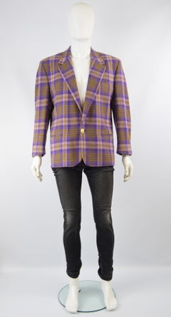 Gianni Versace Versus Men's Purple Checked Wool Blend Blazer Jacket, 1990s