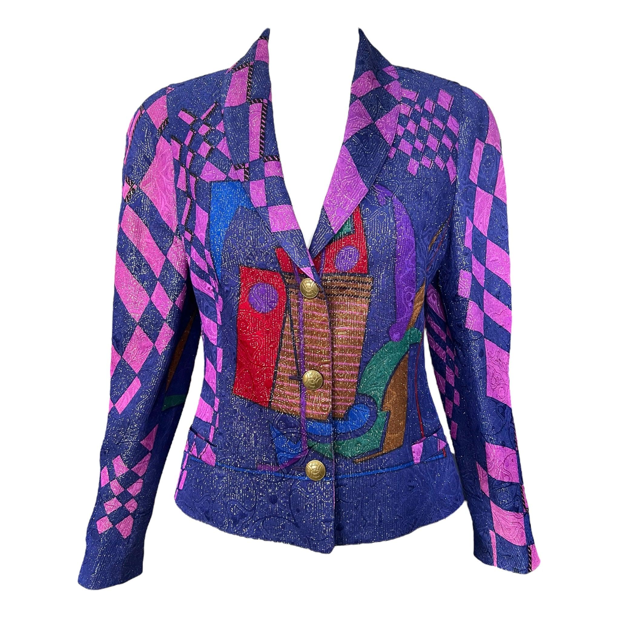 Versus by Gianni Versace printed lurex skirt suit. This tertiary color palette, geometric abstract print, and lurex fabric perfectly encapsulate a specific 90s vibe and we can't get enough. Metallic lurex jacquard pattern throughout the ensemble.