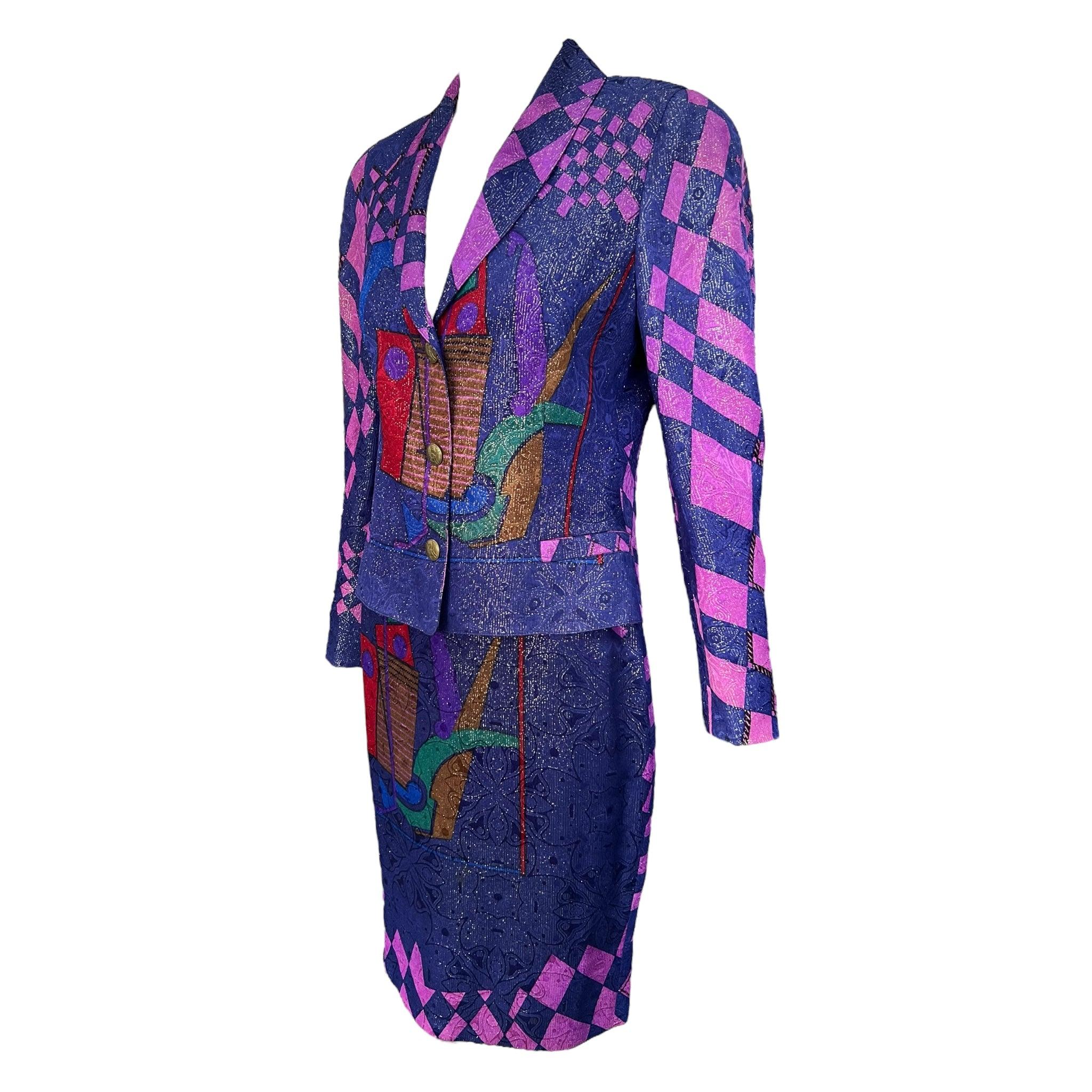 Gianni Versace Versus Purple Abstract Print Lurex Skirt Suit, New/Old In Excellent Condition For Sale In Los Angeles, CA