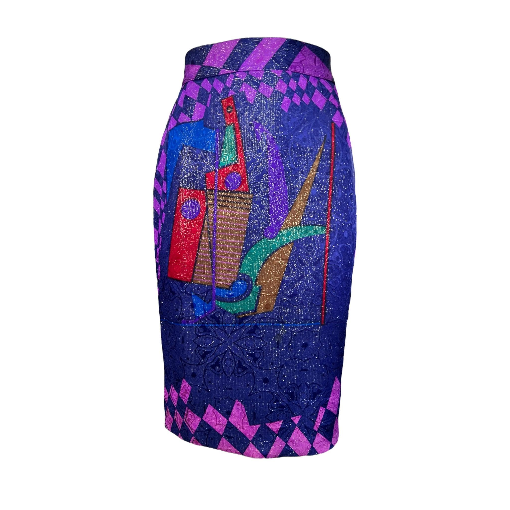 Women's Gianni Versace Versus Purple Abstract Print Lurex Skirt Suit, New/Old For Sale