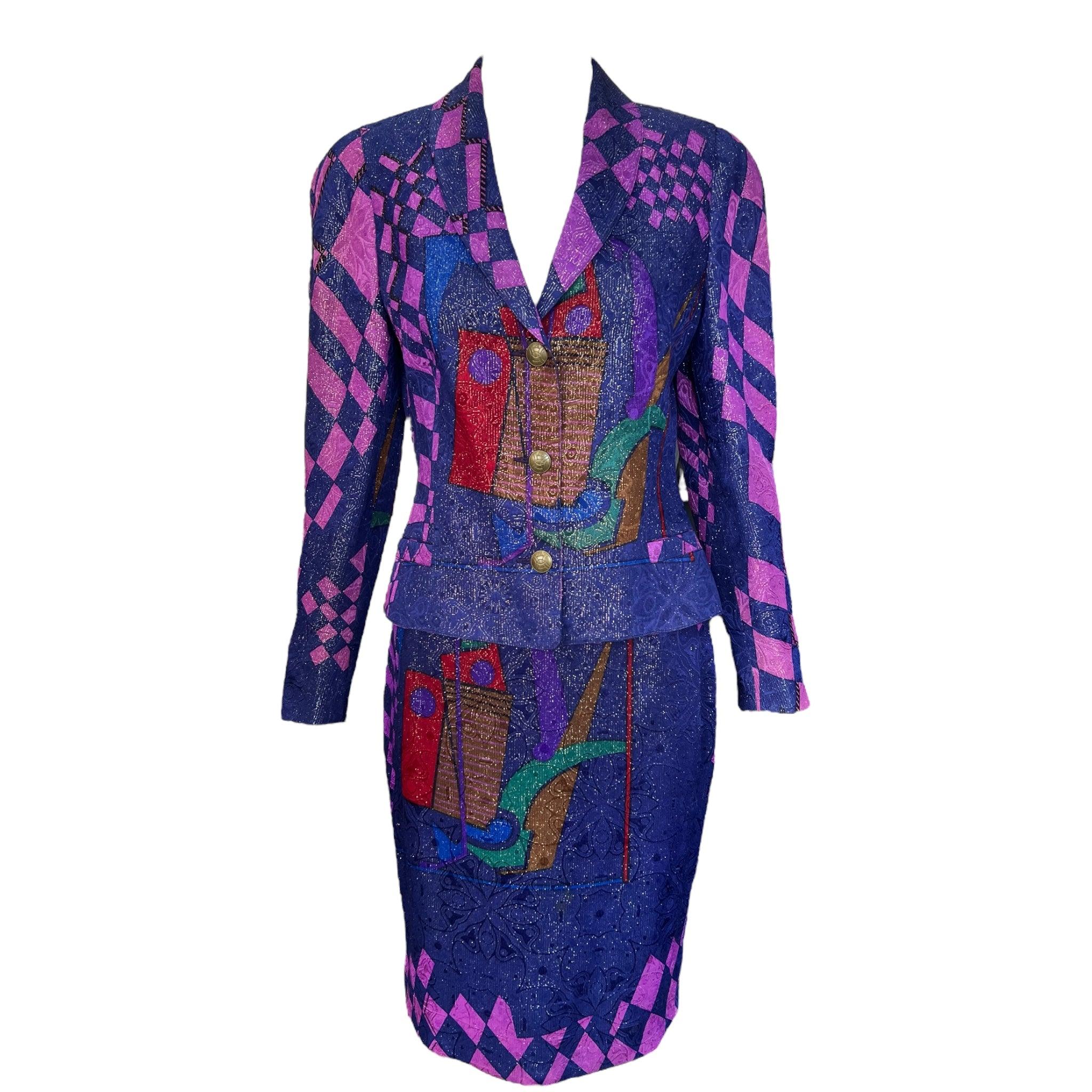 Gianni Versace Versus Purple Abstract Print Lurex Skirt Suit, New/Old For Sale