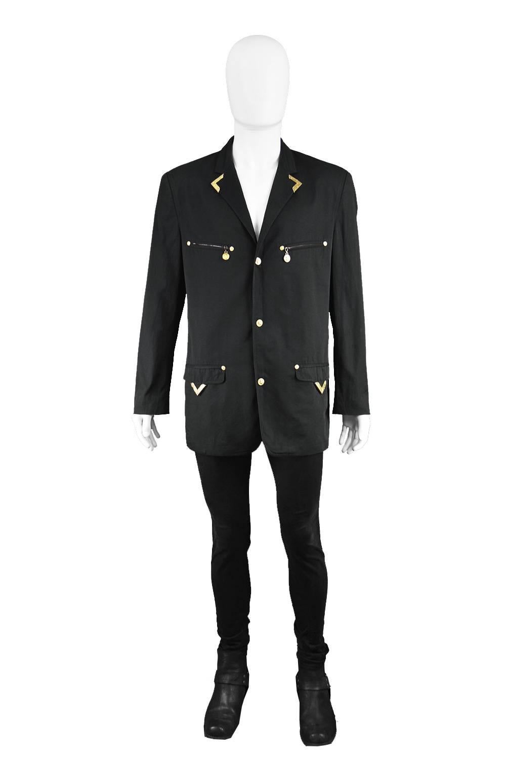 Gianni Versace Versus Vintage 1990's Men's Rare S & M Black & Gold Cotton Blazer

Size: Marked 50 which is roughly a men's Medium to Large. Please check measurements. 
Chest - 44” / 112cm (allow a couple of inches room for movement)
Waist - 40” /