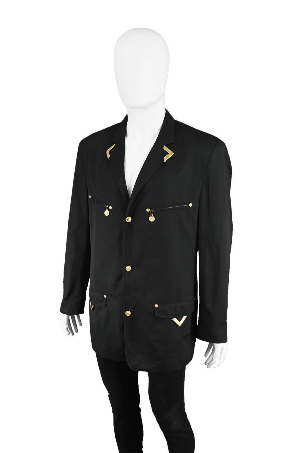 Gianni Versace Versus Vintage 1990's Men's Rare S & M Black & Gold Cotton Blazer For Sale 4