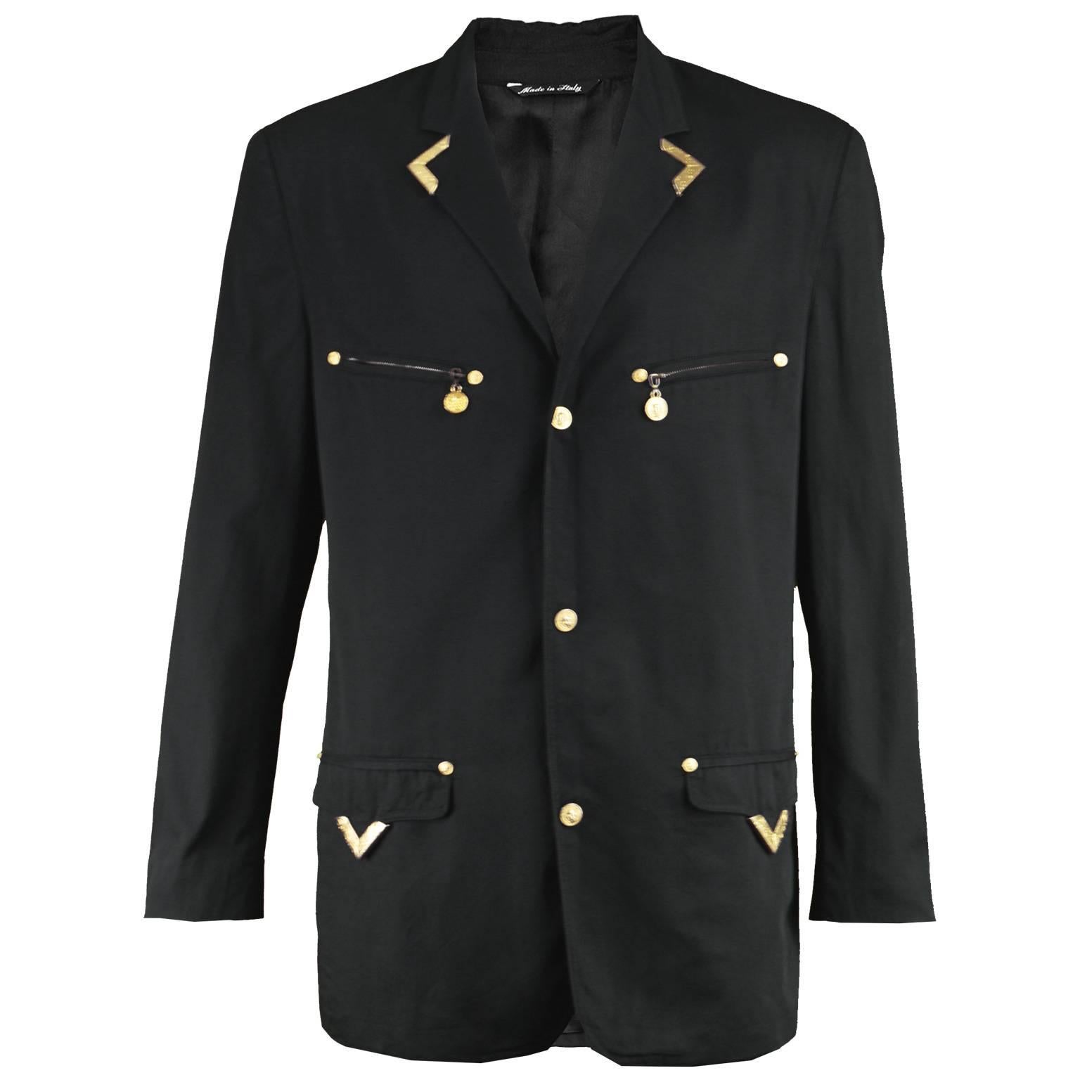 Gianni Versace Versus Vintage 1990's Men's Rare S & M Black & Gold Cotton Blazer For Sale