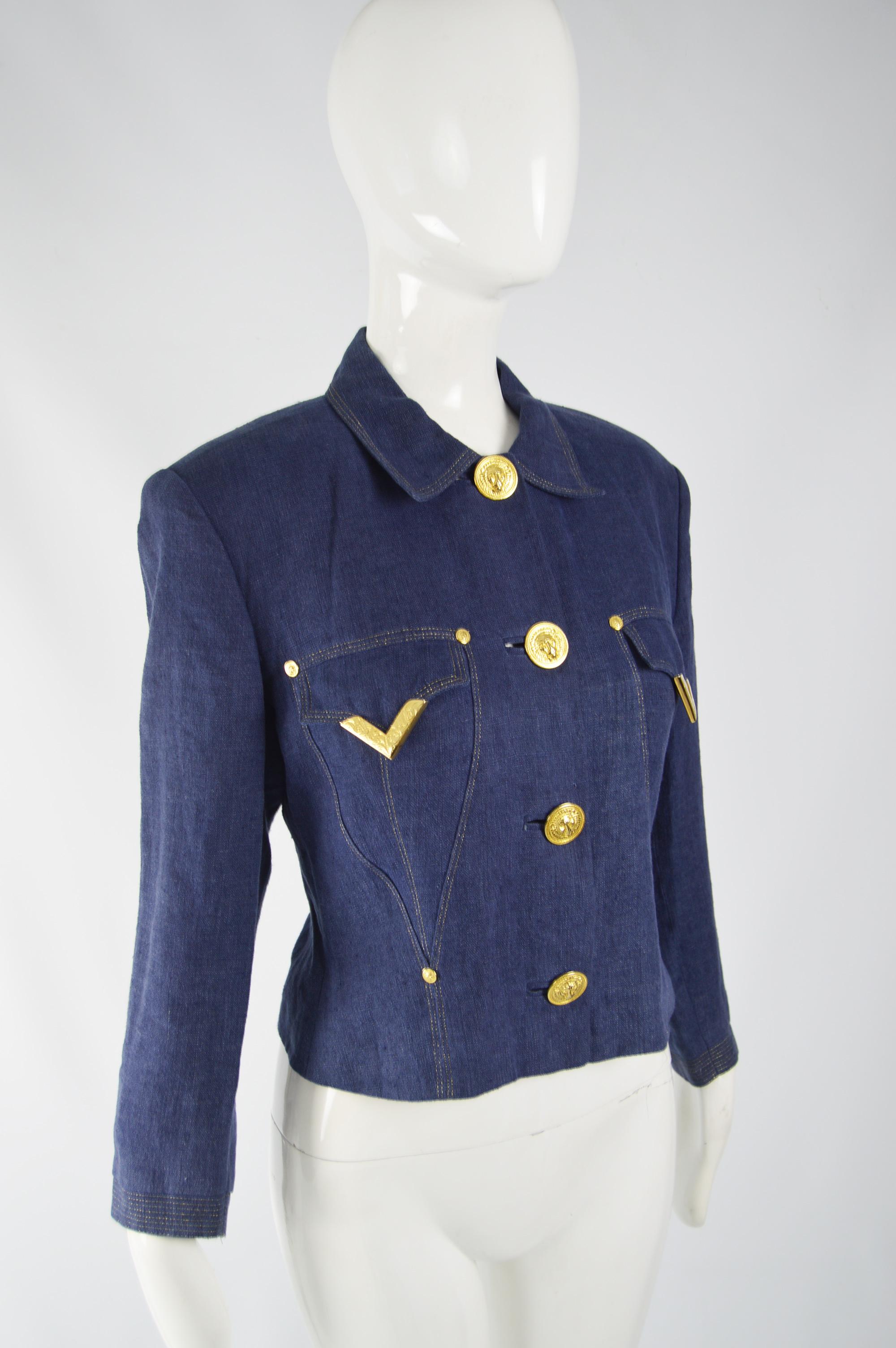 Gianni Versace Versus Vintage Blue Linen Jacket For Sale 2