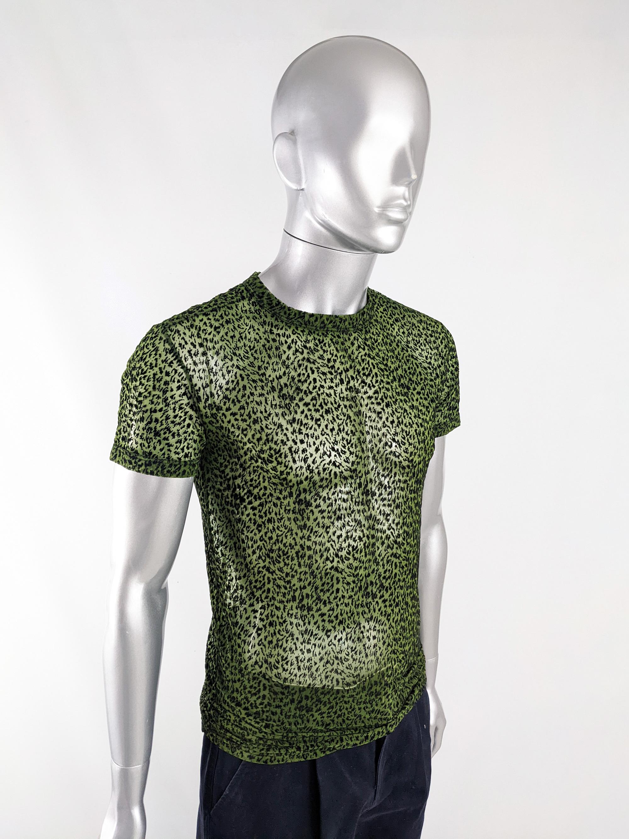 Gianni Versace Versus Vintage Mens Green & Black Sheer Mesh Top T Shirt, 1990s In Good Condition In Doncaster, South Yorkshire