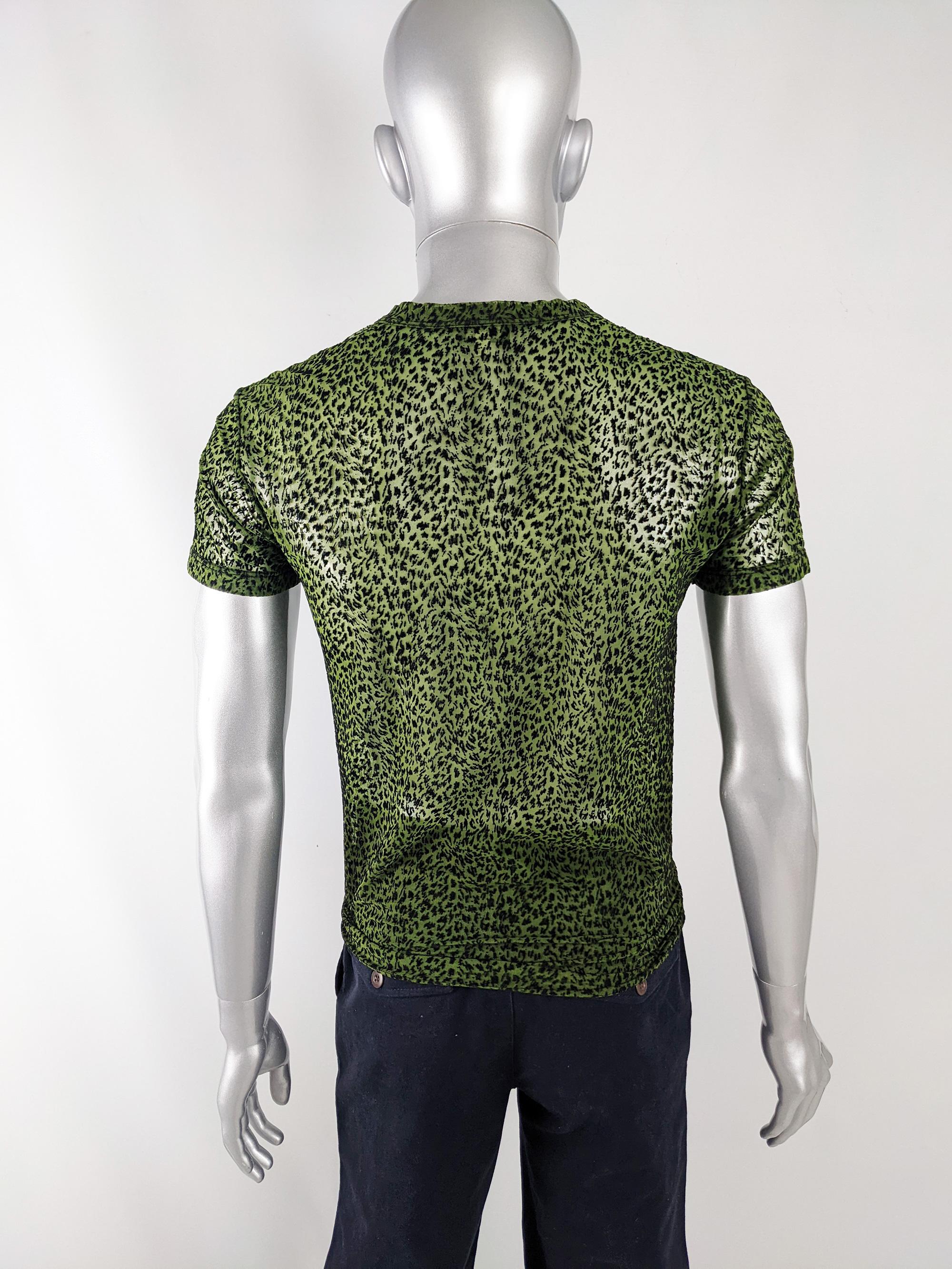 Men's Gianni Versace Versus Vintage Mens Green & Black Sheer Mesh Top T Shirt, 1990s