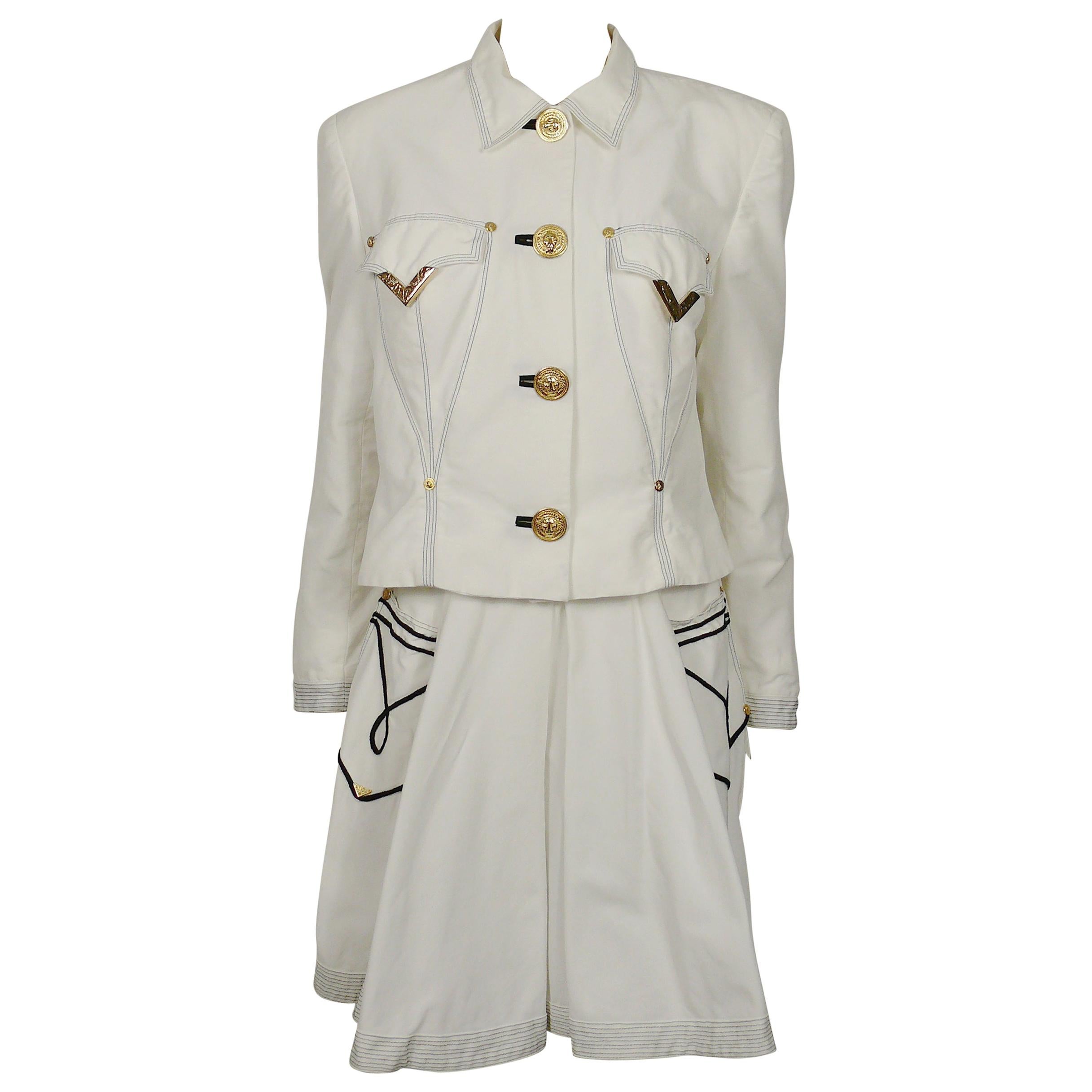 Gianni Versace Versus Vintage White Jacket & Skirt Ensemble with Western Details