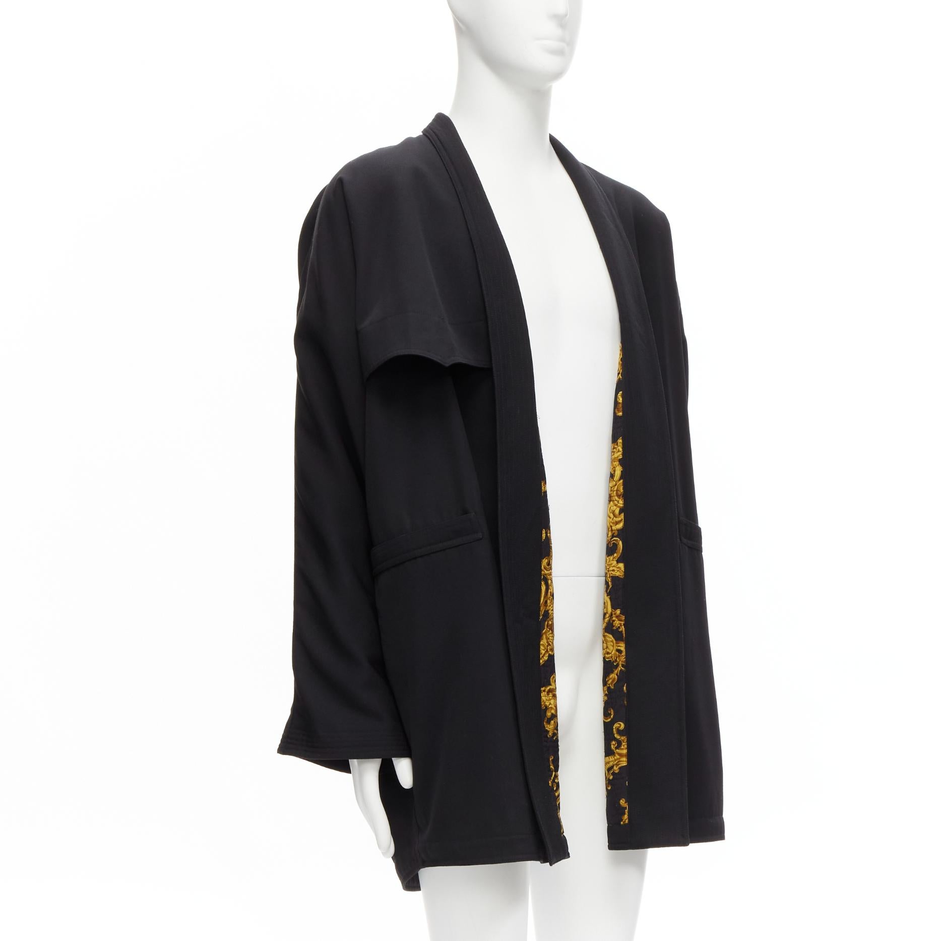 GIANNI VERSACE Vintage 100% wool black gold barocco lined robe coat jacket In Good Condition For Sale In Hong Kong, NT