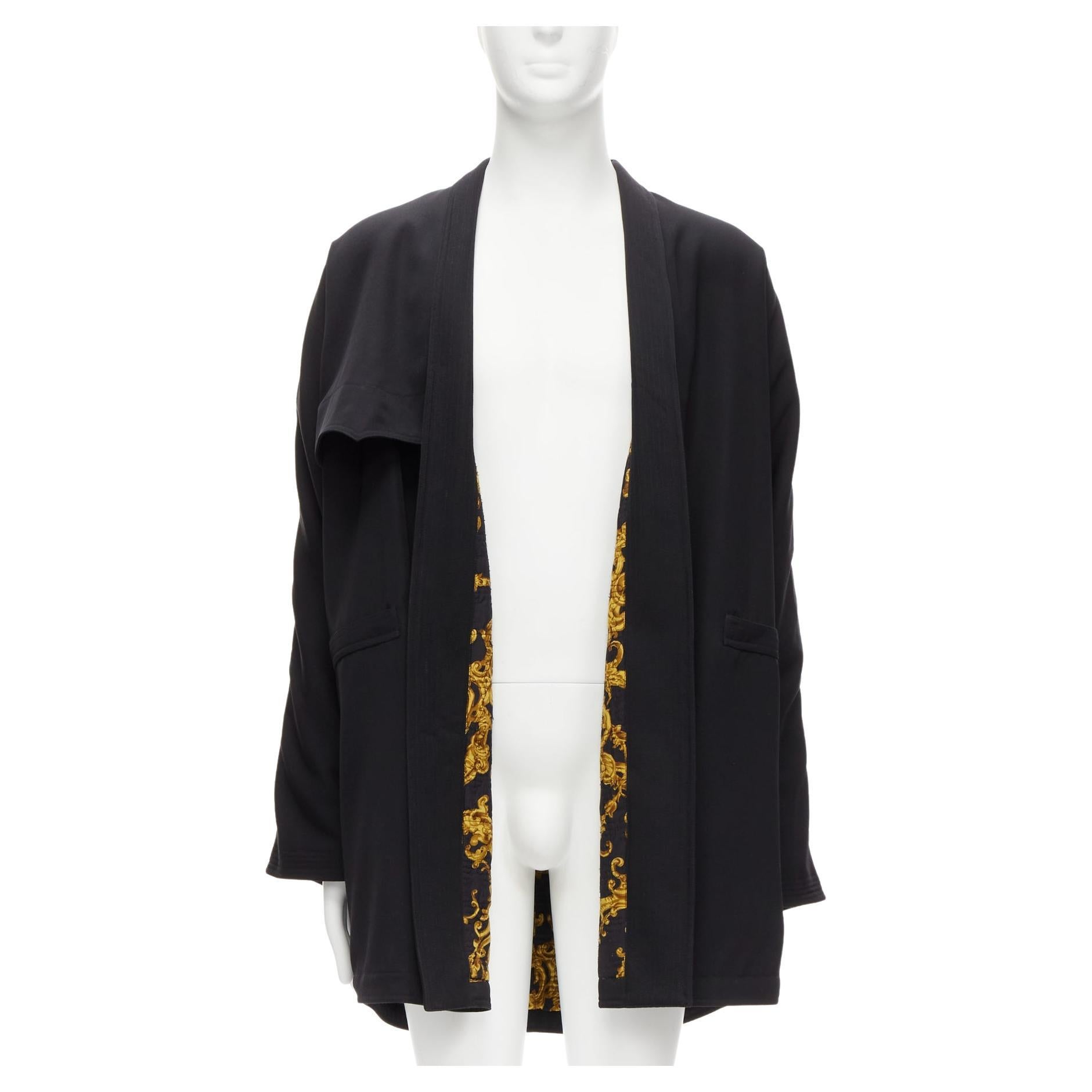 GIANNI VERSACE Vintage 100% wool black gold barocco lined robe coat jacket For Sale