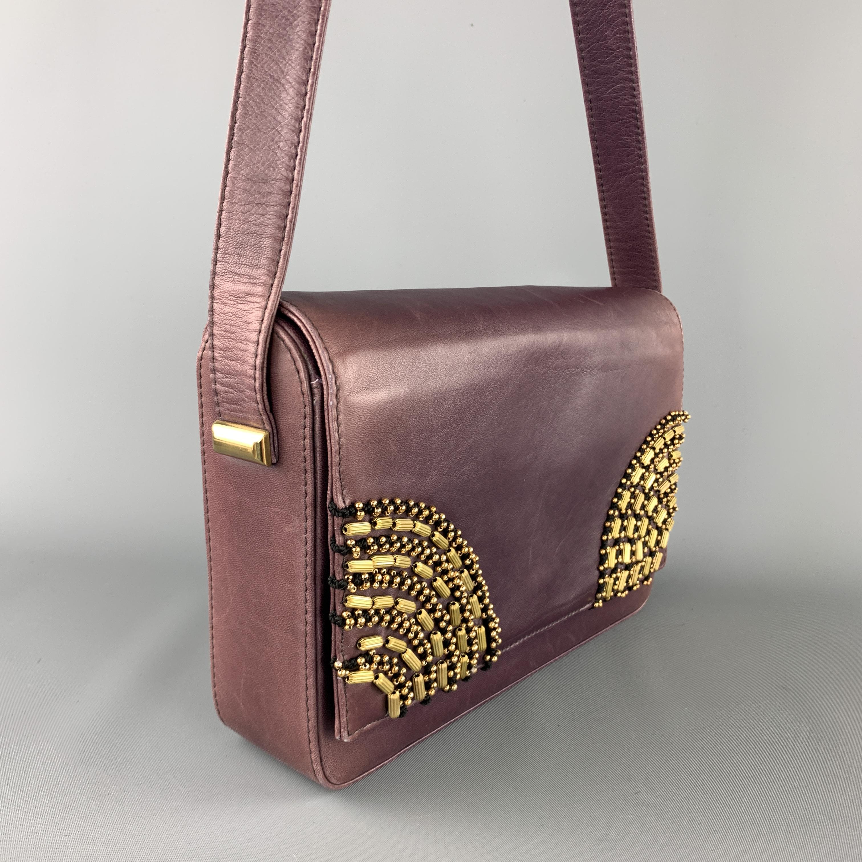 GIANNI VERSACE Vintage 1980's Gold Beaded Purple Leather Shoulder Bag In Good Condition In San Francisco, CA